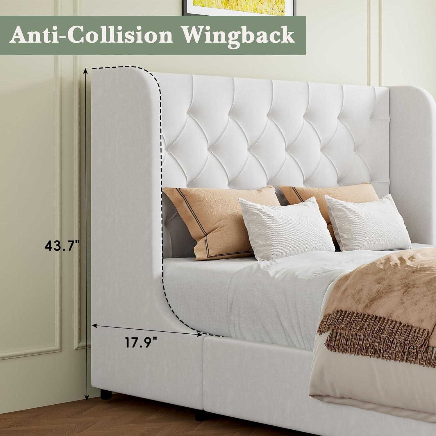 Side view of the bed frame showing the anti-collision curved wingback headboard dimensions