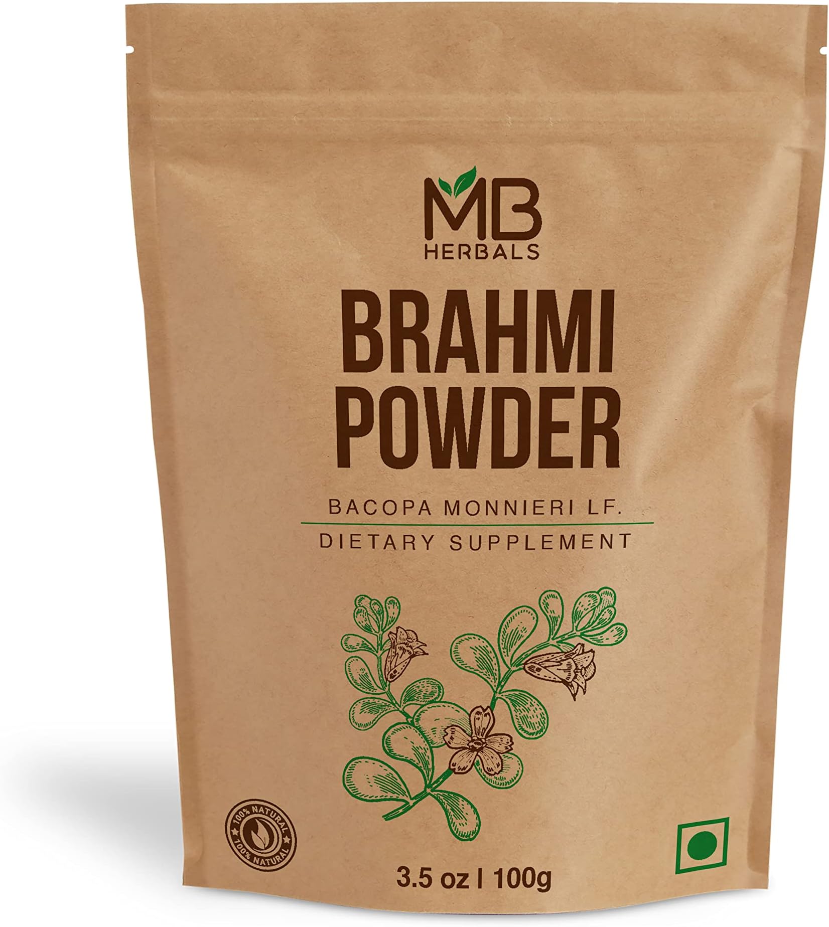 MB Herbals Pure Brahmi Powder 100g | 3.5 oz | 100% Pure Bacopa monnieri Powder | Hair Care