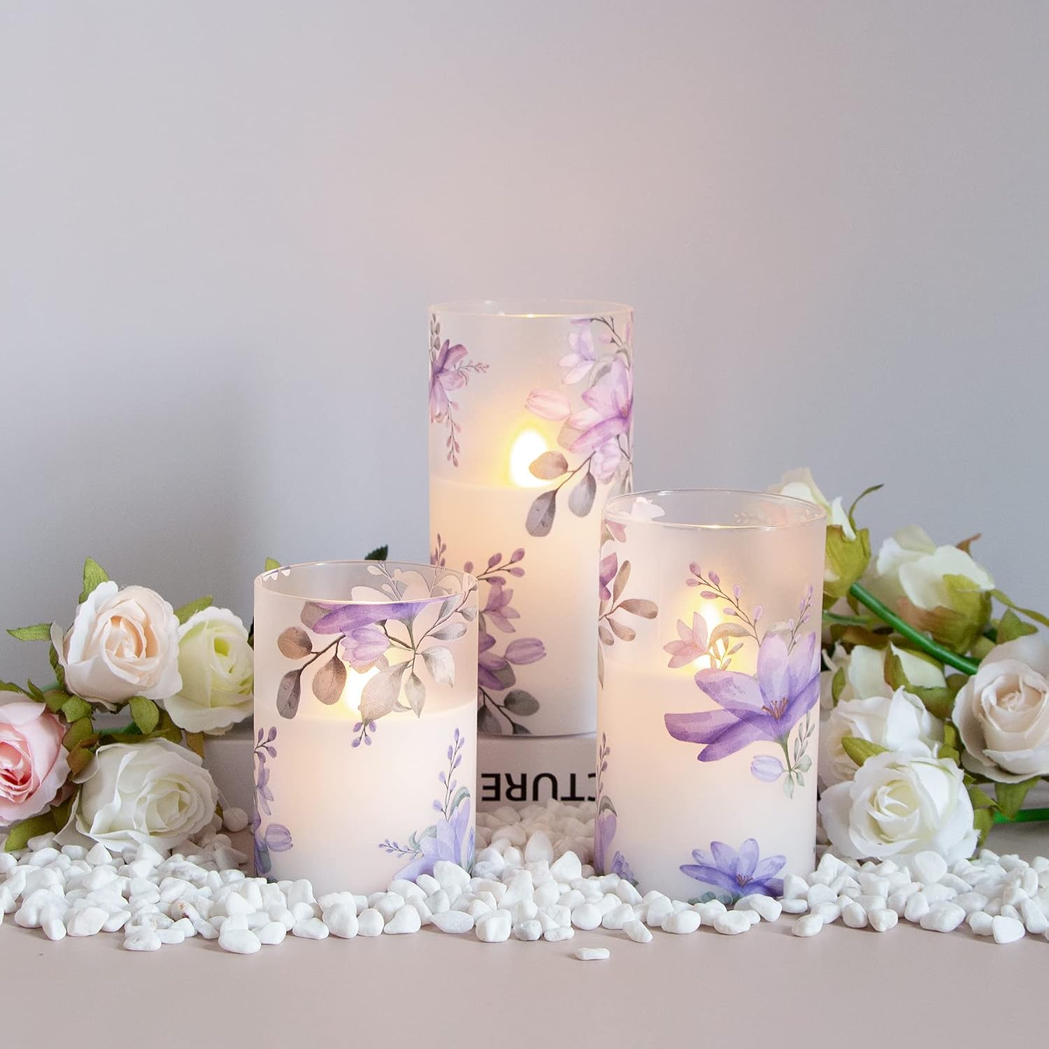 Flameless Flickering Glass Candles with Remote and Timer,Purple Flowers LED Battery Operated Real Wax Set of 3 Realistic Wick Electric Pillar Candles,Warm Fire(3 x 4, 5, 6 Inches)