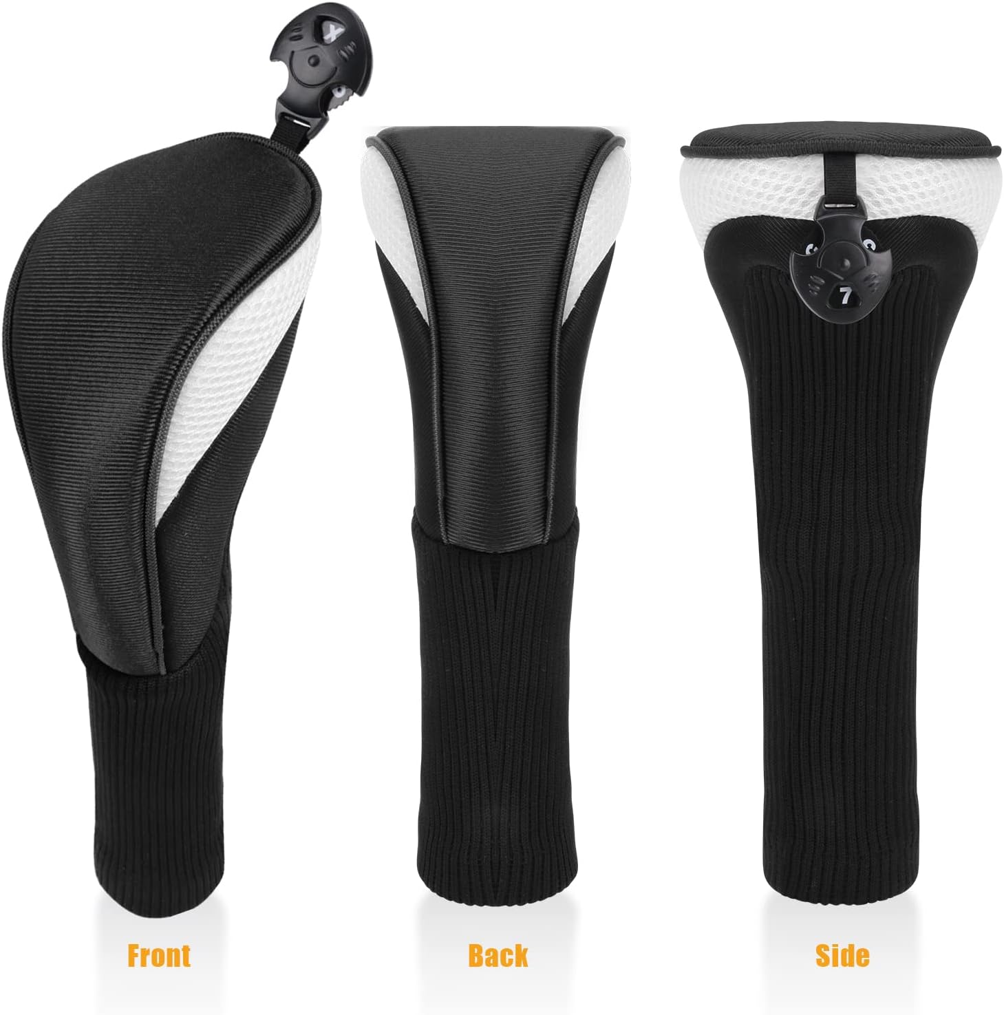 Lybile Golf Club Head Covers for Fairway Woods Driver Hybrids, 4Pcs Long Neck Mesh Golf Club Headcovers Set with Interchangeable No. Tags 3 4 5 6 7 X (Black)