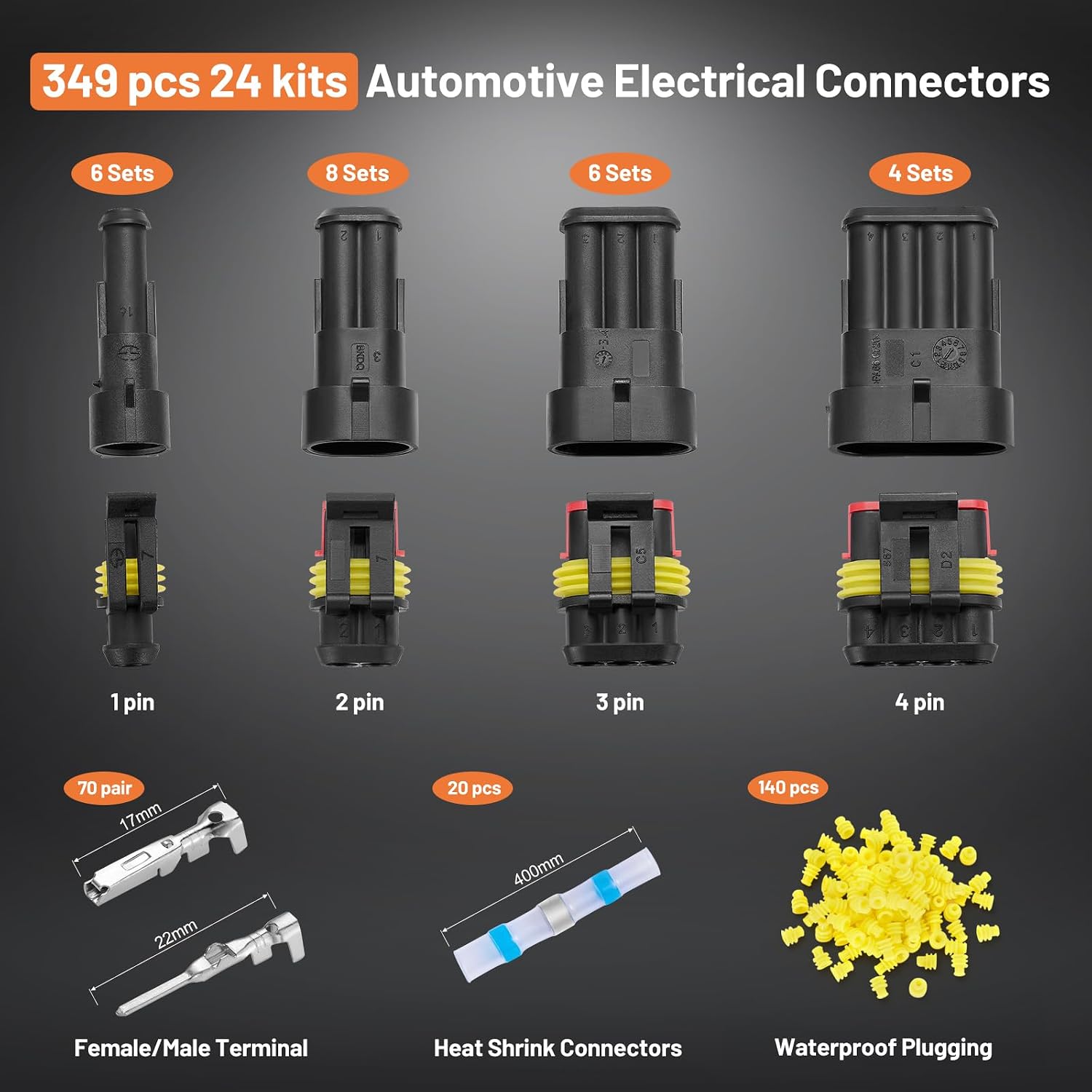 349PCS Car Automotive Electrical Wire Connectors 1/2/3/4 Pin 24 Kits Connectors Kit Waterproof with Ratchet Crimping Tool 22-16 AWG