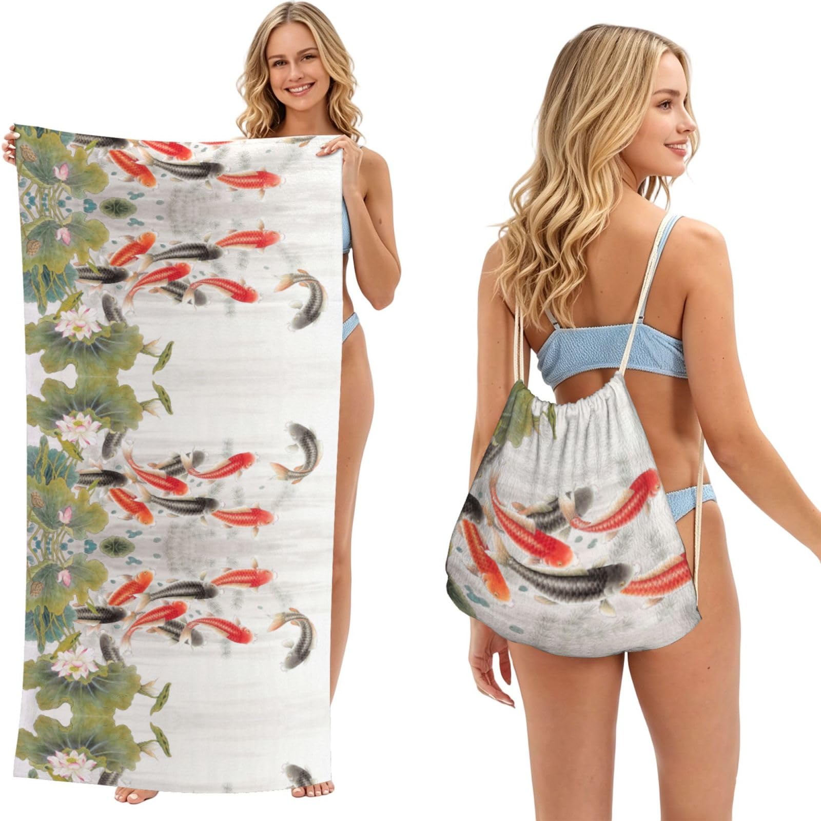 Serviette de plage séchage rapide motif carpe rouge drap de douche compact
