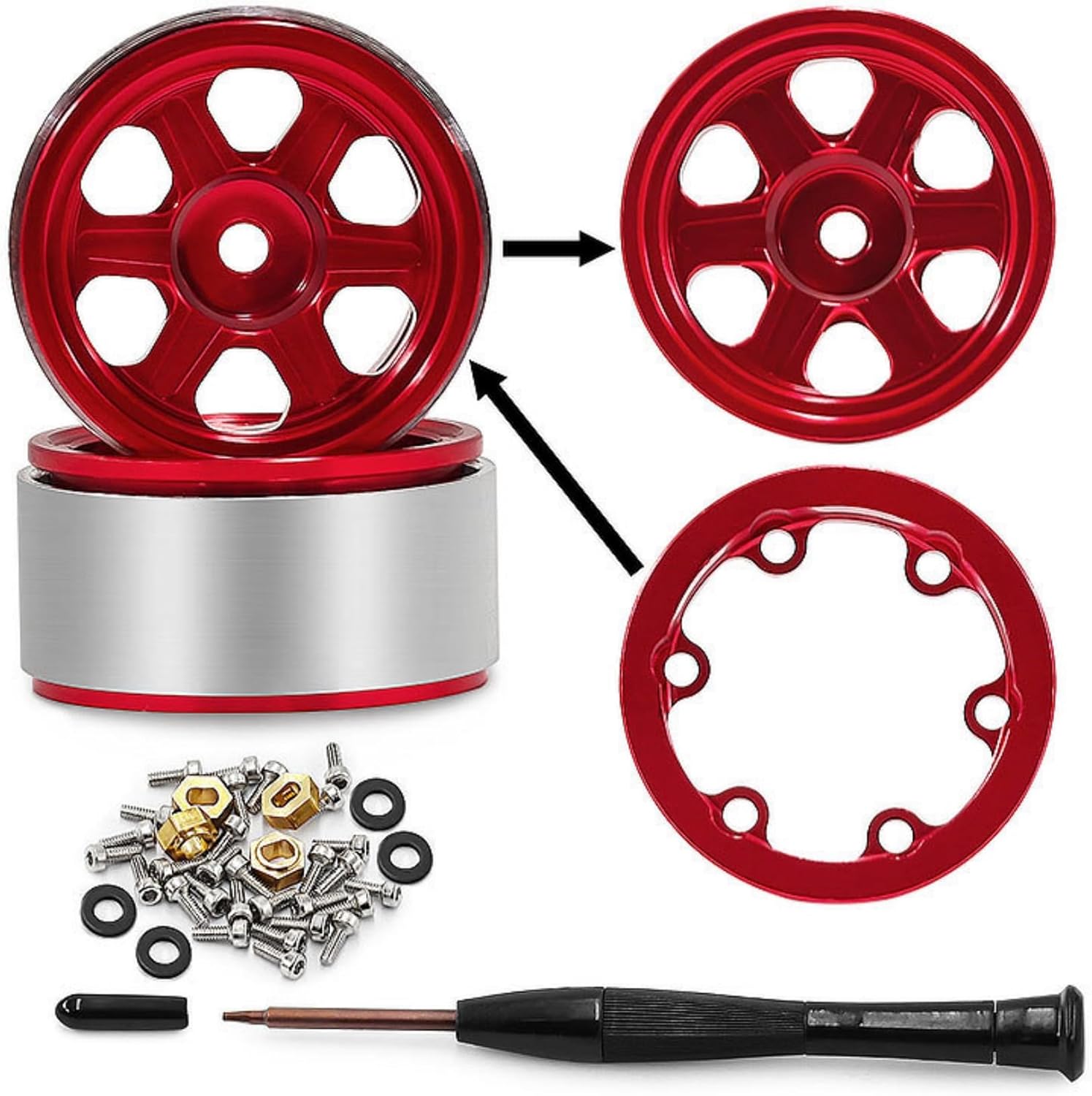 0.7 Inch RC Beadlock Wheels Rims 0.2mm Hex Aluminum Heavy Duty 1/30 1/32 RC Car Wheel Hubs for 1:30 1:32 Rock Crawler Car Axial SCX30 Redcat Ascent-32 0.7" Tires 4PCS (Red)