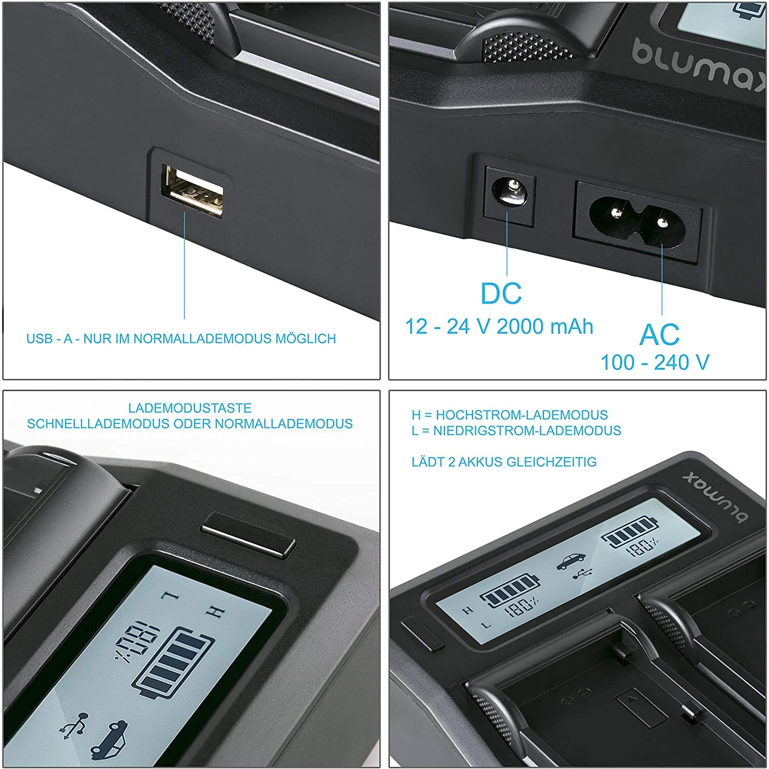 Blumax 2X Akku ersetzt Sony NP-FZ100-2250mAh + LCD Dual-Ladegerät - für Sony FX30-7 IV 7c 7RIV 7RV 7RIII ZV-E1