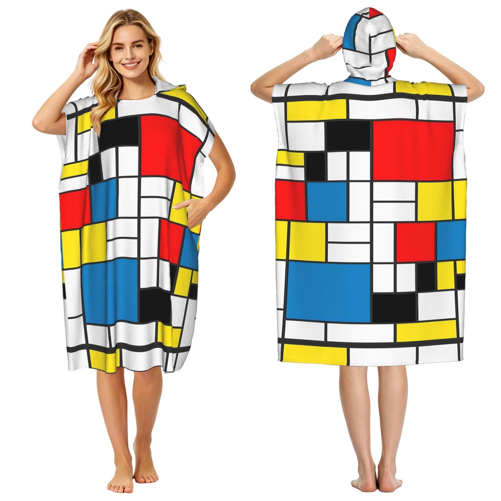 Poadnly Colorful Background In Mondrian Style, Adult Hooded Beach Towel 90 x 110 cm,Changing Bath Robe, Surf Poncho Towel For Women Men