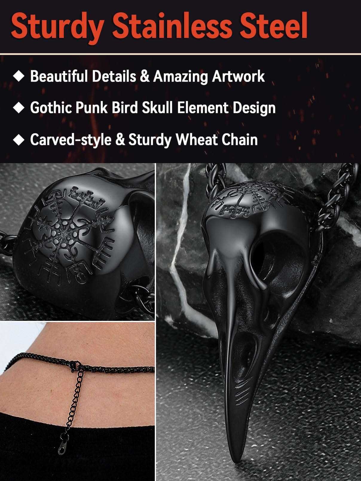 FaithHeart Viking Raven Necklace for Men, Norse Mythology Raven Skull Pendant Sturdy Stainless Steel Amulet Jewelry Gift for Men: Black Crow Skull