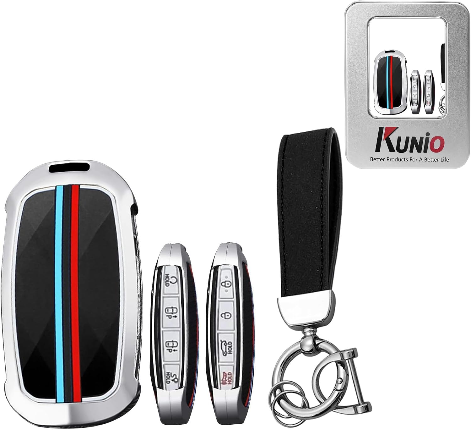 KUNIO For Hyundai 5/6/7/8 Button Zinc Alloy Luminous Effect Car Key Fob Cover Case Fit for Hyundai Genesis G70 GV80 2025 GV60 G90 2024 G90RS4 Key Shell Protector Accessories Black-Round Keychain