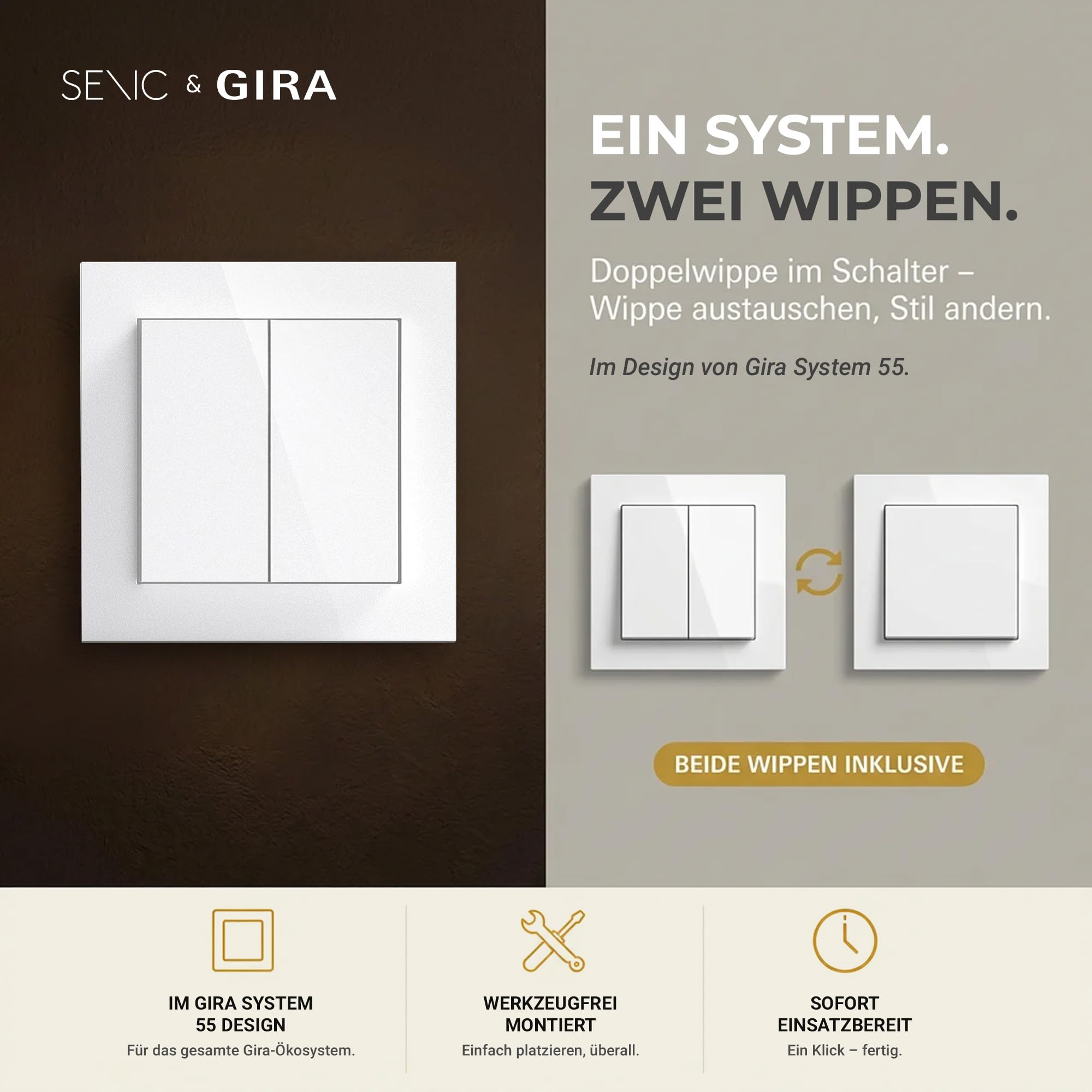 Senic Friends of Hue Smart Home Lichtschalter weiß | Kabelloser & batterieloser Hue Schalter und Dimmer für Philips Hue (Zigbee) | Smart Switch flexibel montierbar & dimmbar