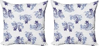 Ambesonne Japanese Throw Pillow Cover Set of 2, Underwater Creature as Love Couples on Waves Japanese Unique Repeated Print, Decorative Square Covers for Couch Bed & Sofa, 16"x16", Dark Blue