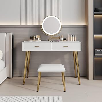 Vanity Desk with Mirror and Lights, Makeup Vanity with Storage Drawers and Stool, Dressing Table Set with Leather Surface, Small Vanity Table for Bedroom, 3 LED Lighting Modes white, 31.5in