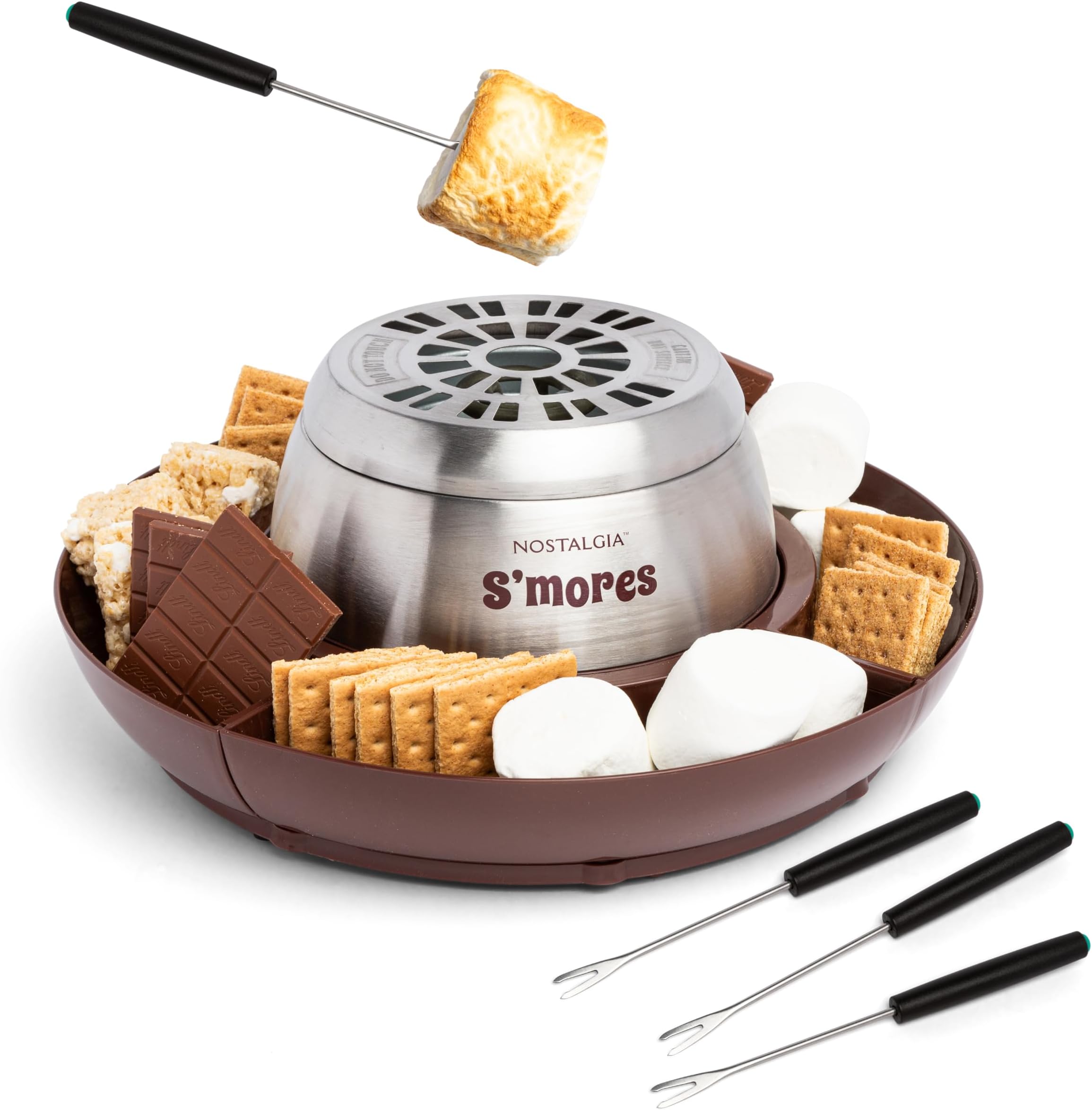 Indoor Electric Stainless Steel S'Mores Maker with 4 Lazy Susan Compartment Trays for Graham Crackers, Chocolate, Marshmallows and 4 Roasting Forks, Brown