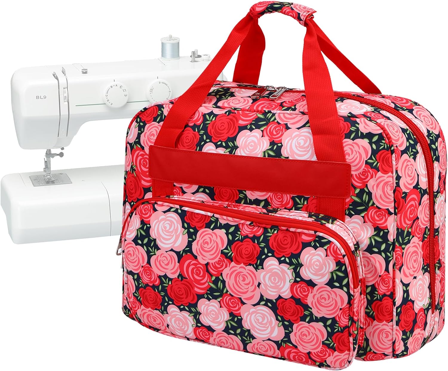 Sewing Machine Carrying Case, Universal Tote Storage Bag with Pocket & Handle, Portable Hanging Tote for Small Sewing Machines, Rose Garden, 43x32x21cm, Contemporary
