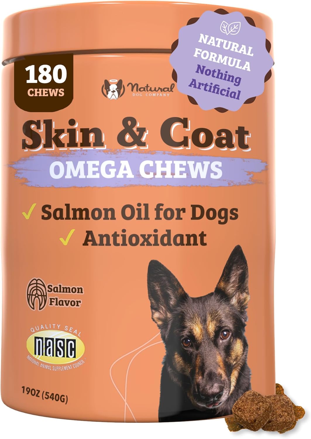 Natural Dog Company Skin & Coat Chews, Salmon & Peas Flavor, Dog Vitamins and Supplements for Healthy Skin & Coat, Itch Relief for Dogs with Allergies, with Biotin, Vitamin E, Omega 3, 180 Count Natural Dog Company Skin & Coat Chews, Salmon & Peas Flavor, Dog Vitamins and Supplements for Healthy Skin & Coat, Itch Relief for Dogs with Allergies, with Biotin, Vitamin E, Omega 3, 180 Count