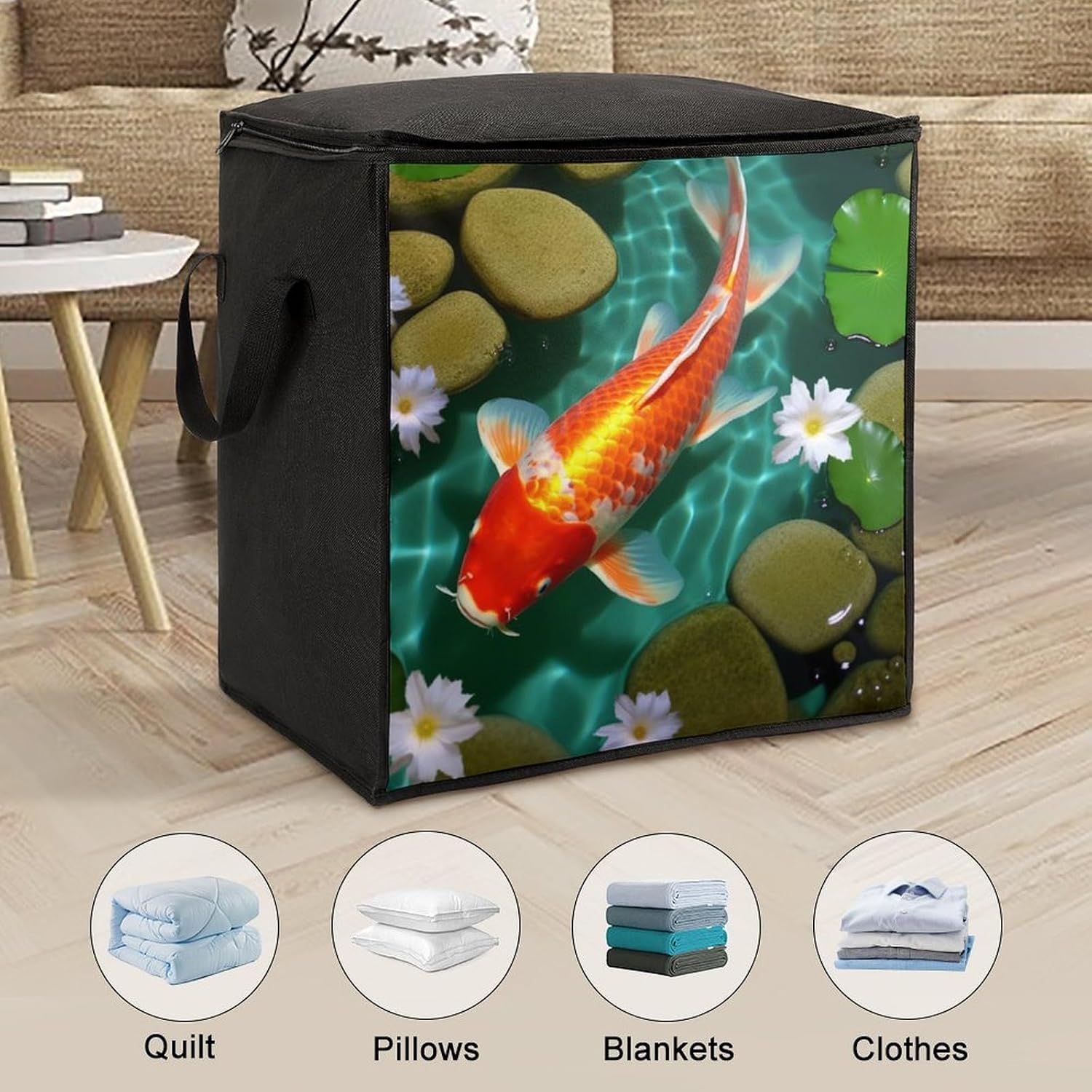 Portable Quilt Storage Bag,Japanese Carp Printed Foldable Wardrobe Storage Box Foldable Storage Bag with Lids And Handle Large Clothing Storage Bag for Comforters Clothes Blankets Pillows