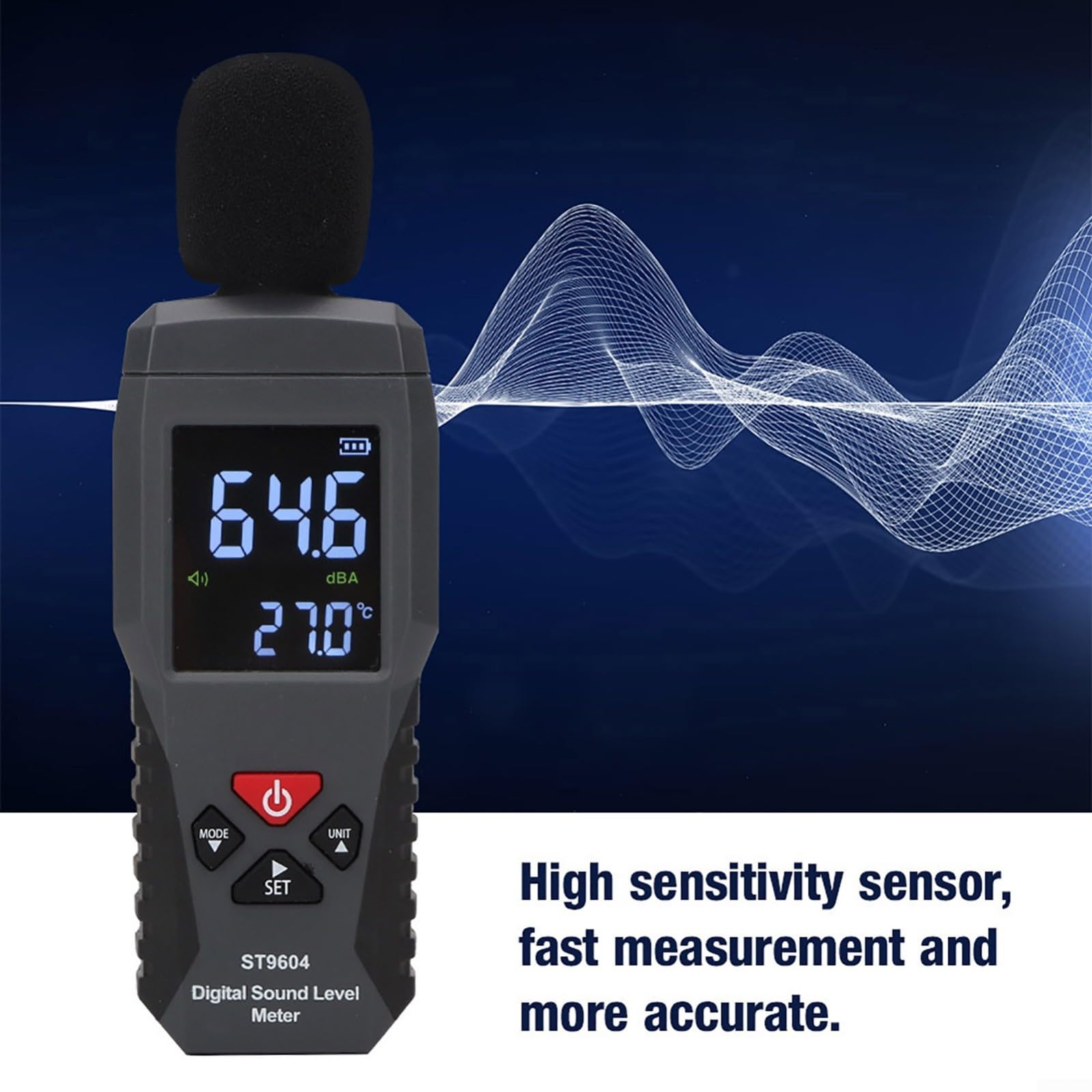ST9604 - Misuratore di livello acustico digitale 30-130dB, misuratore di rumore con display LCD e funzione di temperatura, tester di decibel portatile per ufficio per cantiere