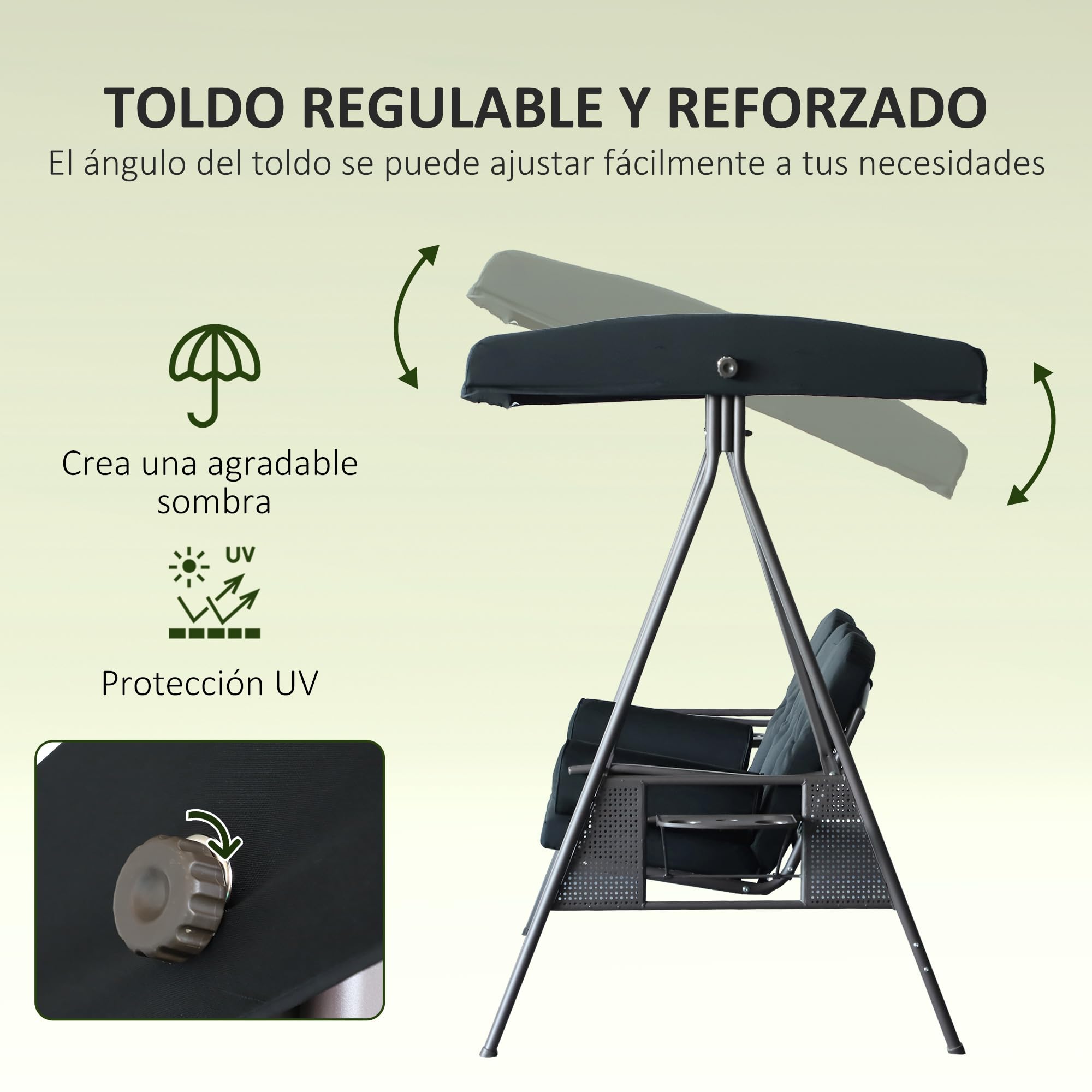 Outsunny Columpio de Jardín Exterior de 3 Plazas Balancín de Jardín Exterior con Toldo Ajustable Bandejas Laterales 2 Almohadas y Marco de Metal Carga 360 kg 208x121x172 cm Negro