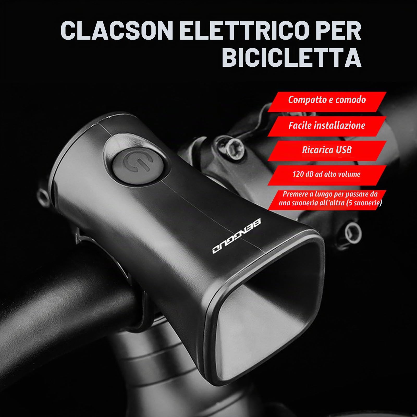 Clacson Elettrico, Campanello Bici Impermeabile IPX4, 120dB Ricaricabile Tramite USB Clacson Bici per MTB, Mountain Bike, Bici da Corsa, Scooter