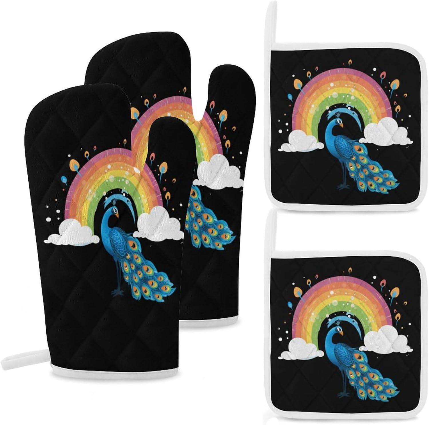Rainbow Peacock 4 Pcs Oven Mitts and Pot Holders Set High Heat Resistant Long Kitchen Oven Glove Potholders