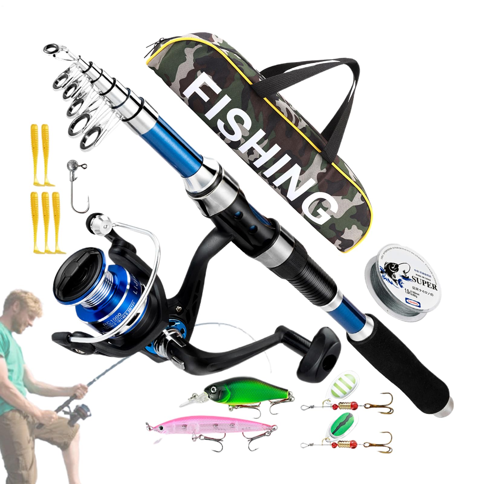 Combo Canna Da Pesca E Mulinello Set Completo Con Lenze Ed Esca | Kit Attrezzatura con Esche Rotanti e Borsa Trasporto, Equipaggiamento Outdoor per Pescatori Adulti Principianti e Viaggio