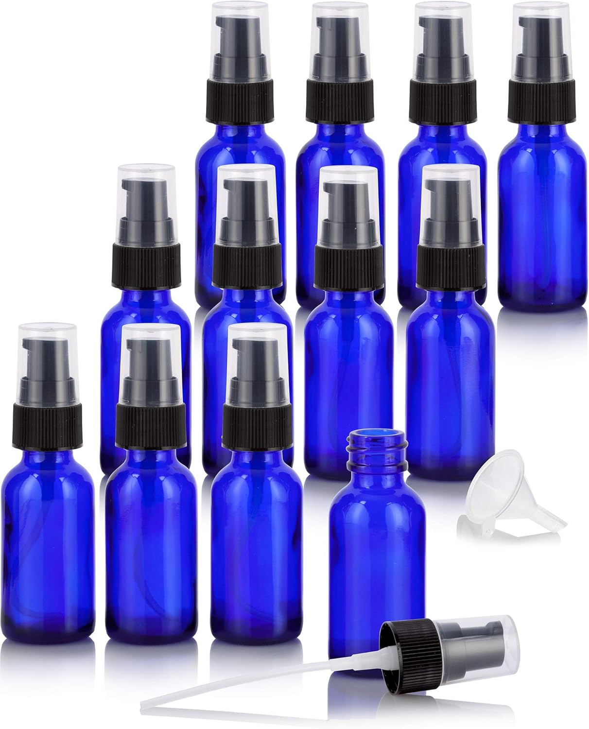 JUVITUS 1 oz Cobalt Blue Glass Boston Round Bottle with Black Treatment Pump (12 pack) + Funnel