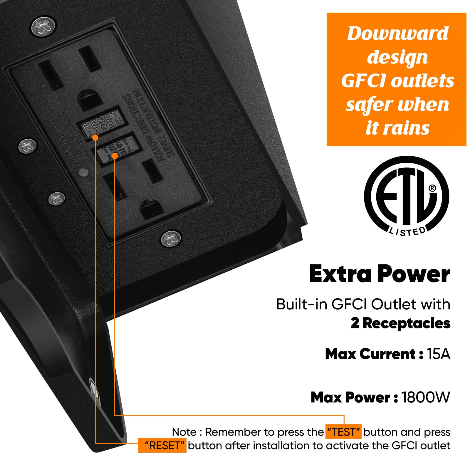 Lampada da parete per esterni con sensore di movimento di grandi dimensioni, 45,7 cm, con prese GFCI, luce da parete per esterni, colore nero, 3 modalità di illuminazione, impermeabile, per esterni
