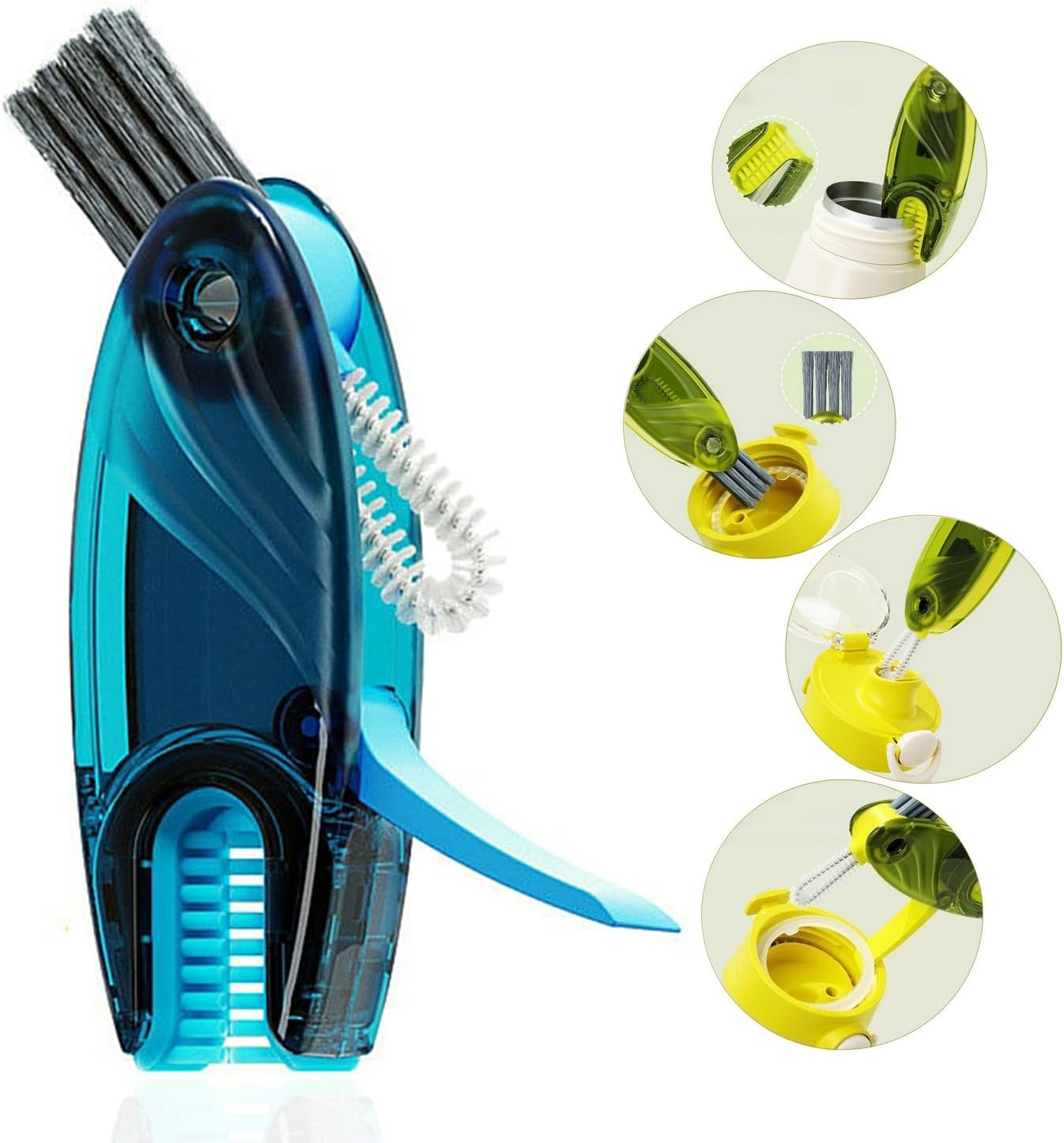 4 in 1 Cup Lid Cleaning Brush Set Multifunctional Bottle Brush Cleaner Tiny Bottle Cup Lid Brush Straw Cleaner Tools Mini Silicone Bottle Cup-Holder Cleaner with Hook Remover Green + Blue