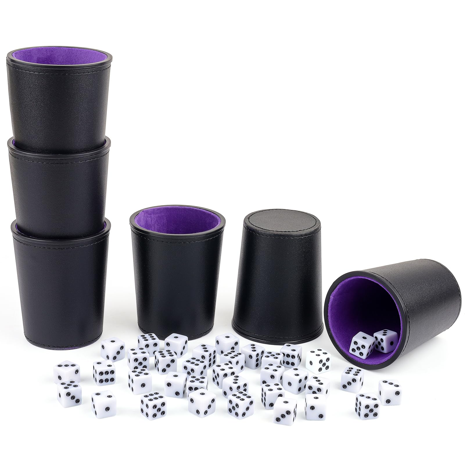 Filzgefüttertes PU-Leder-Würfelbecher-Set, 6 leise Würfel-Shaker-Becher mit 36 Würfeln für Bar-Party, Yahtzee Farkle Würfelspiele, Lila