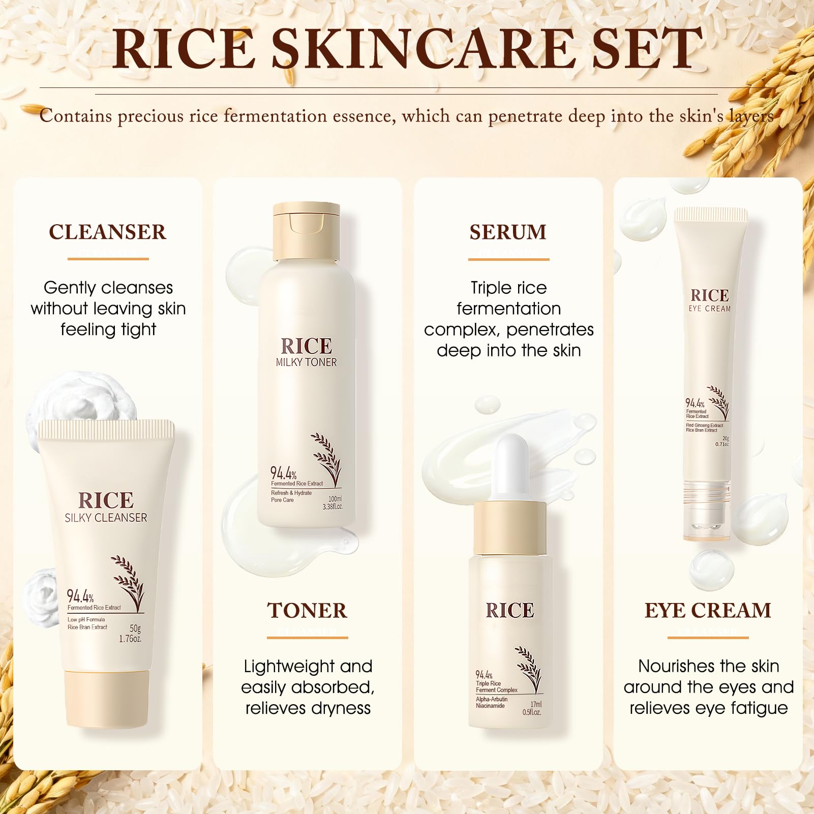 Riso Kit Skincare Viso Completo, 11 Pezzi Riso Set Skincare, Skin Care Coreana Set Completo con Detergente, Maschera, Maschera, Rice Toner, Contorno Occhi, Idrata e Nutre, Lasciando la Pelle Radiosa