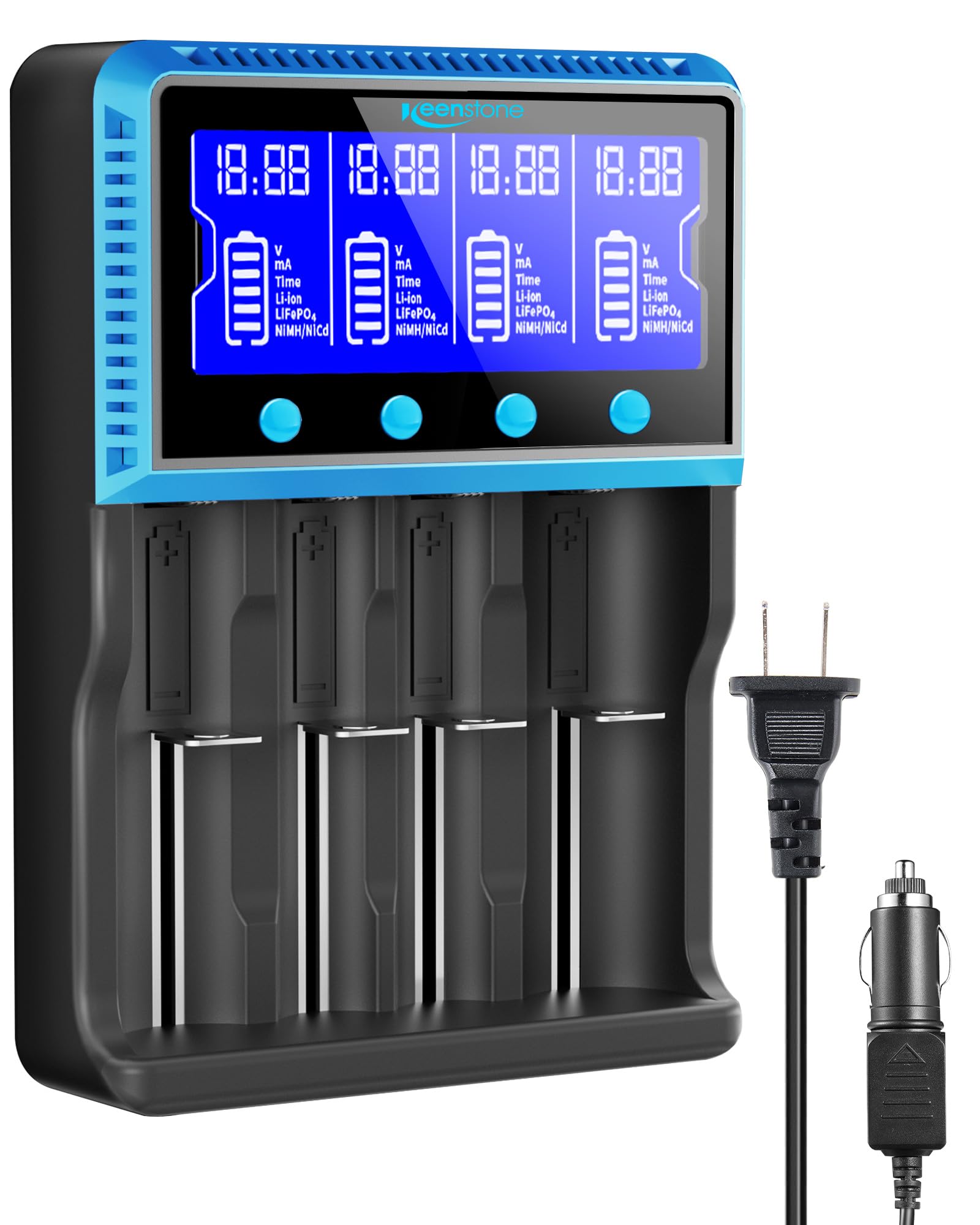 Keenstone Cargador de batería 18650, cargador universal inteligente con pantalla LCD para baterías recargables Ni-MH Ni-Cd AA AAA Li-ion LiFePO4 IMR 10440 14500 16340 RCR123A 26650