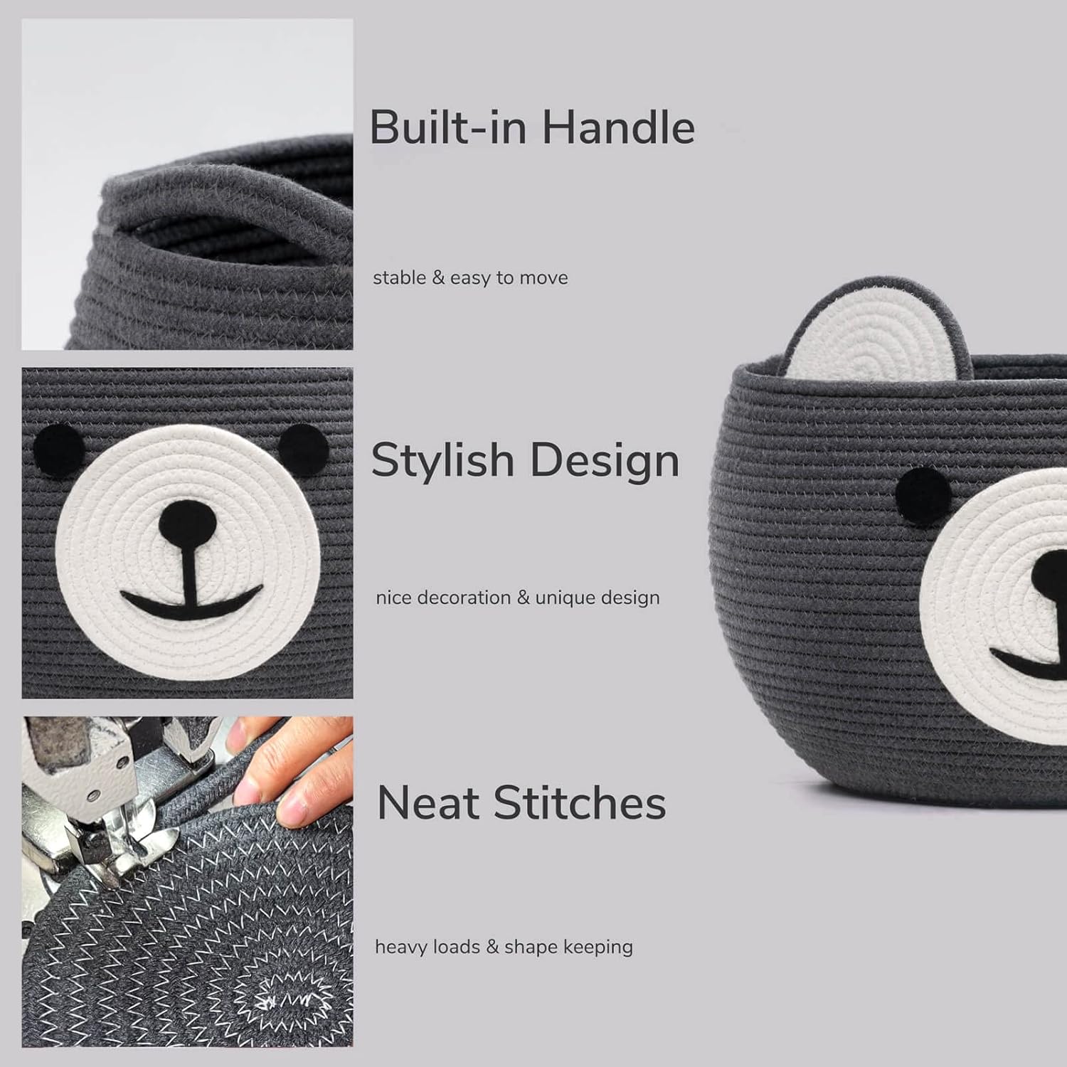 CherryNow Cotton Rope Baby Cute Storage Basket for Organizing, Toy Woven Rope Bear Basket for Kids, Empty Gift Baskets with Handles, Grey, 15.7" D x 10.5" H - Image 7