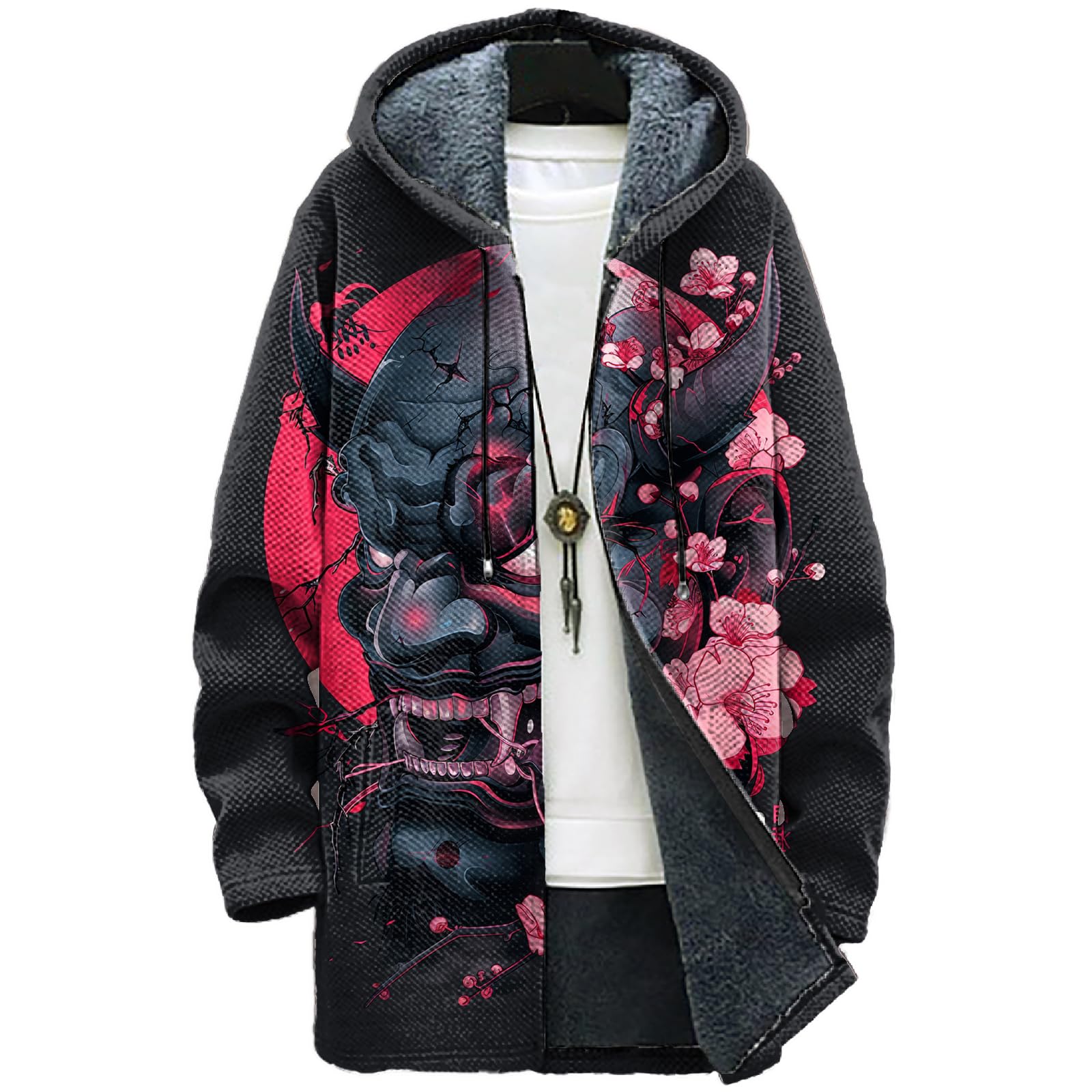 MARSVOVO Fashion Japanese Art Mens Cardigan Hoodies Fall Casual Fleece Lined Knitted Long Zipper Jacket with Pocket