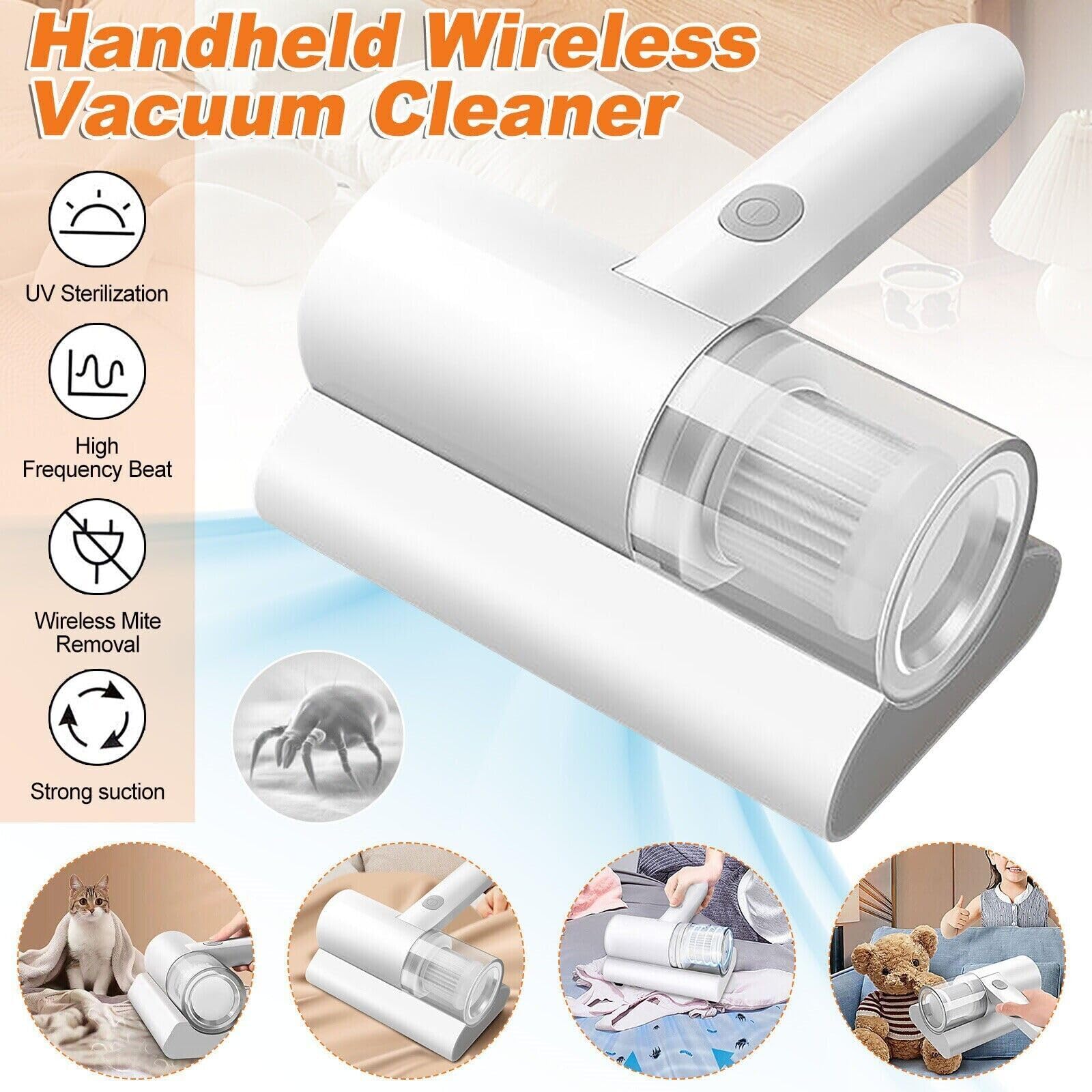 Aspiradora Antiacaros para Colchones sin Cable, Retiene Alérgenos Aspirador de Ácaros Inalámbrico con Luz UV para Colchones Camas Sofás de Tela Almohadas Alfombras