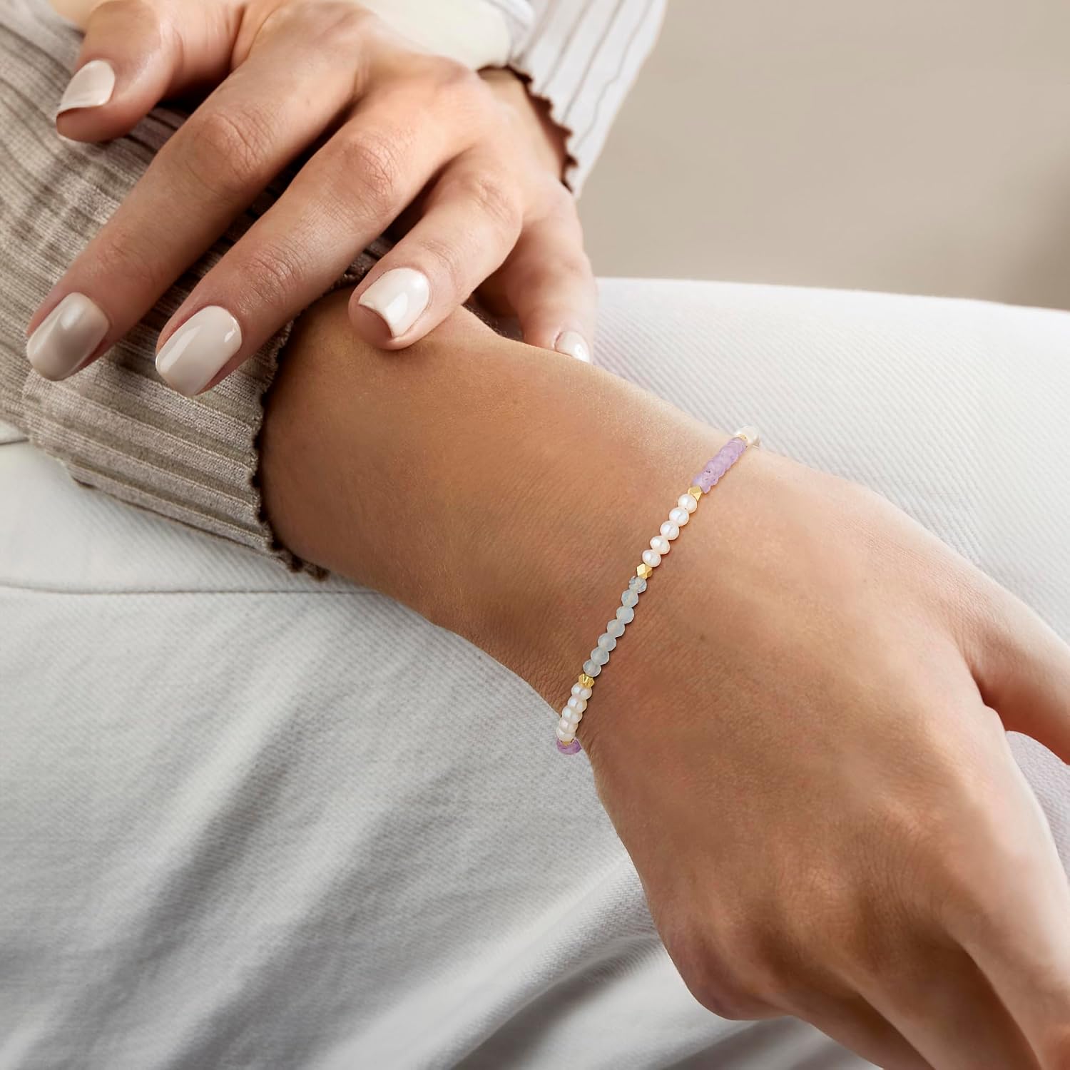 Ross-Simons 3-3.5mm Cultured Pearl and 4.70 ct. t.w. Pastel Multi-Gemstone Bead Bracelet in 18kt Gold Over Sterling