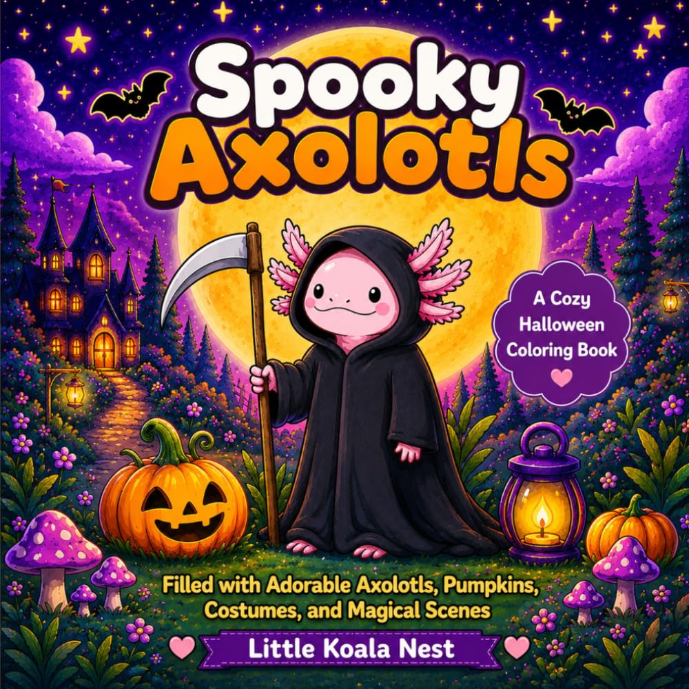 Spooky Axolotls: A Cozy Halloween Coloring Book Filled with Adorable Axolotls, Pumpkins, Costumes, and Magical Scenes
