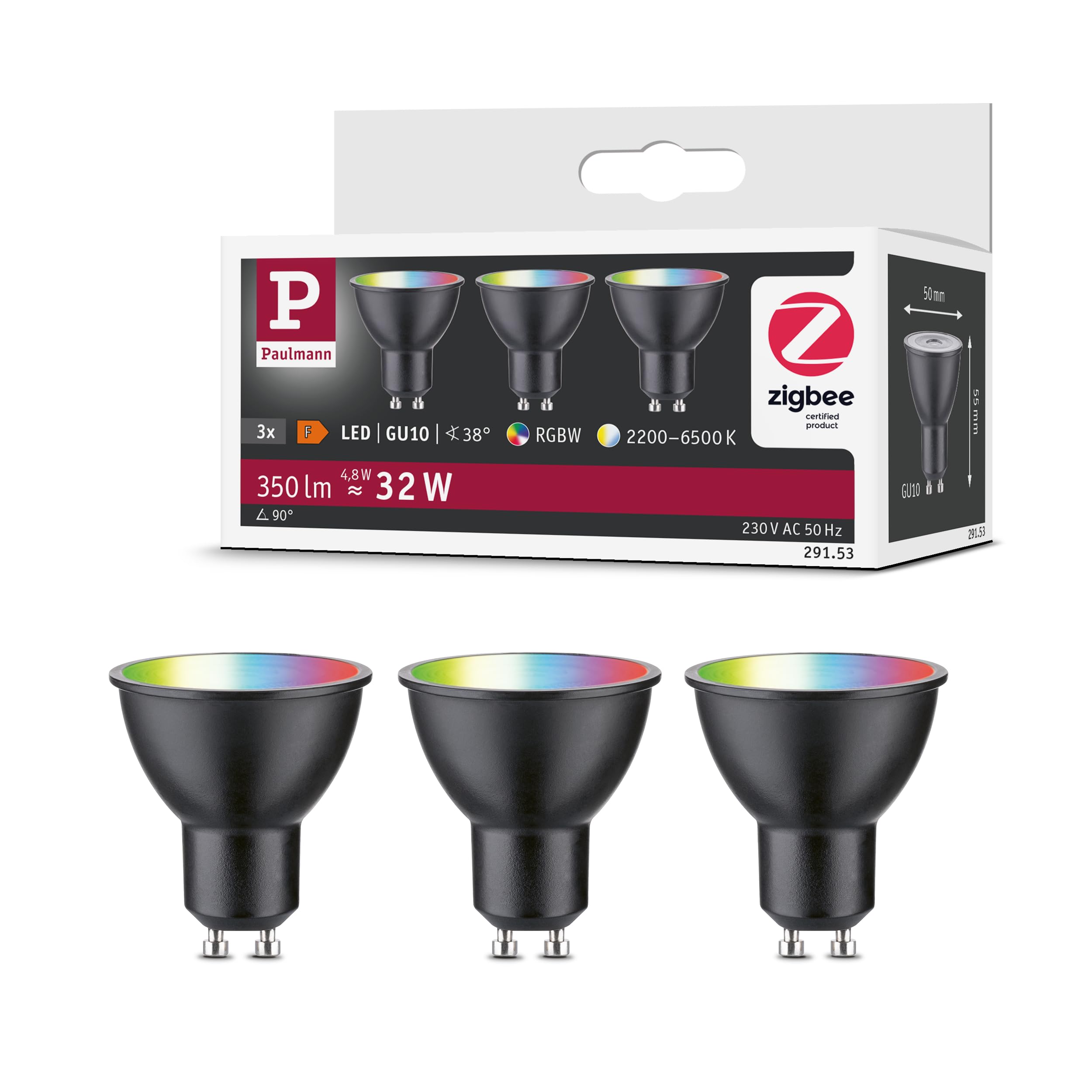 Paulmann 29153 Standard 230V Smart Home Zigbee LED Reflektor GU10 3x350lm 3x4,8W RGBW+ dimmbar Schwarz matt Leuchtmittel
