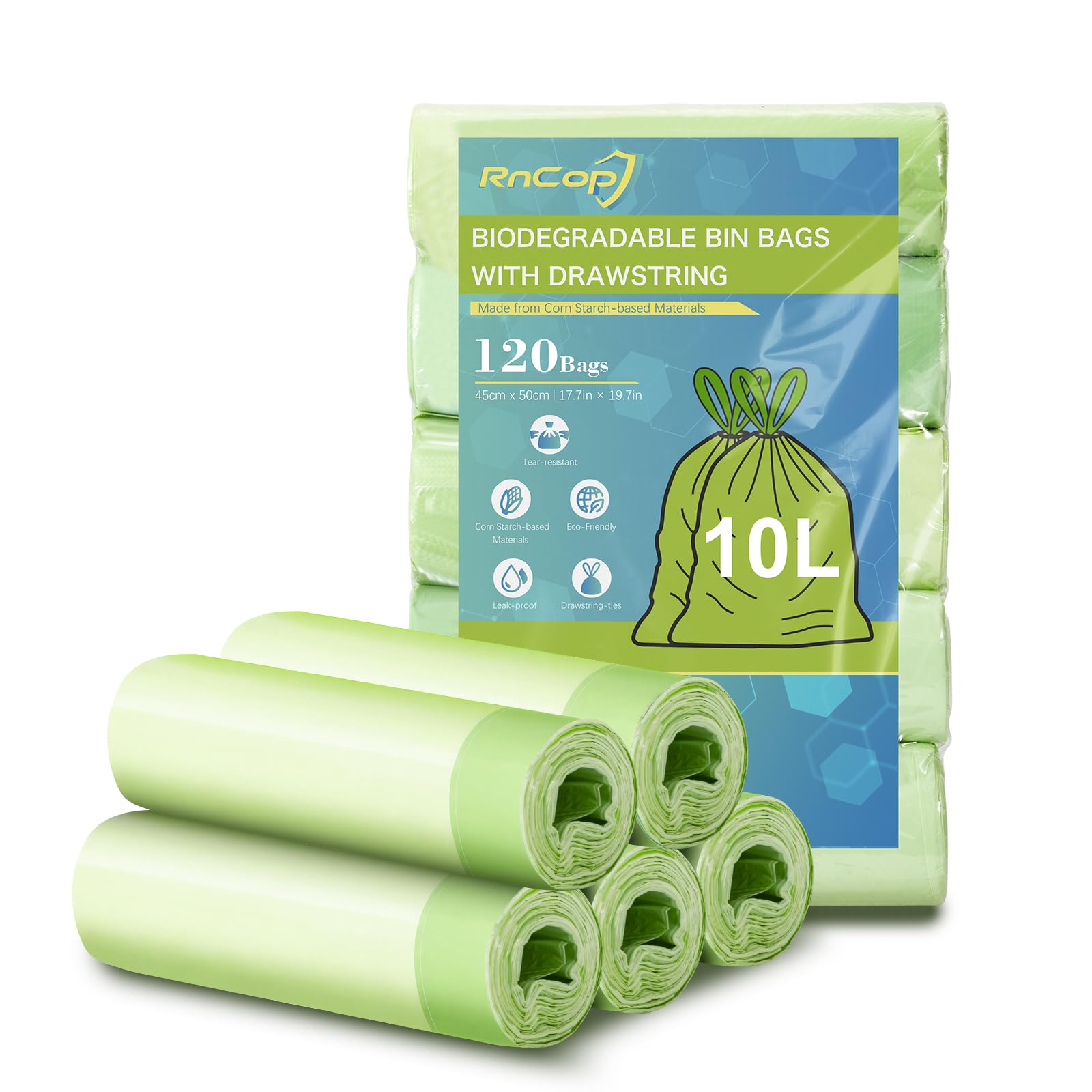 Rncop 10L Biodegradable Bin Bags With Drawstring Tie Handle, 120 Counts Bin Liners Food Waste Bags Strong Trash Bags(45 X 50Cm)
