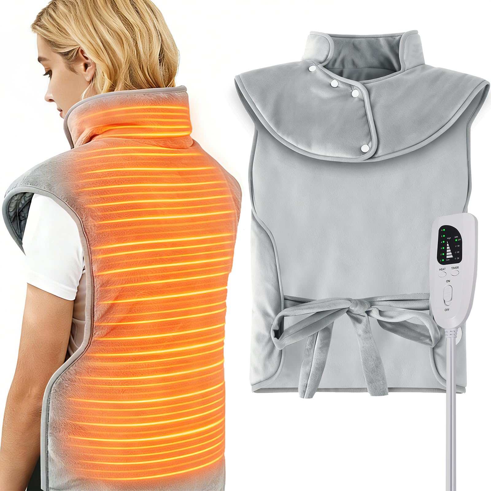 Scaldacollo Elettrico Riscaldante 60x100cm, Design Extra Lungo con Cintura - 6 Temperature Regolabili, 4 Impostazioni Timer e Cavo 2.7m per Cervicale e Schiena