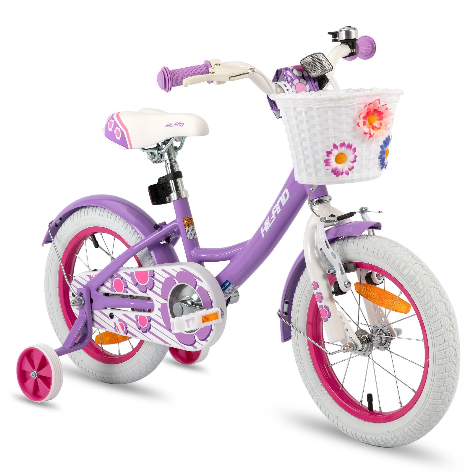 HILAND 12/14/16 Inch Petal Kids Bike, Bicycle for Girls with Basket and Bell, Girls Bike with Stabilisers, Pink/Purple/White