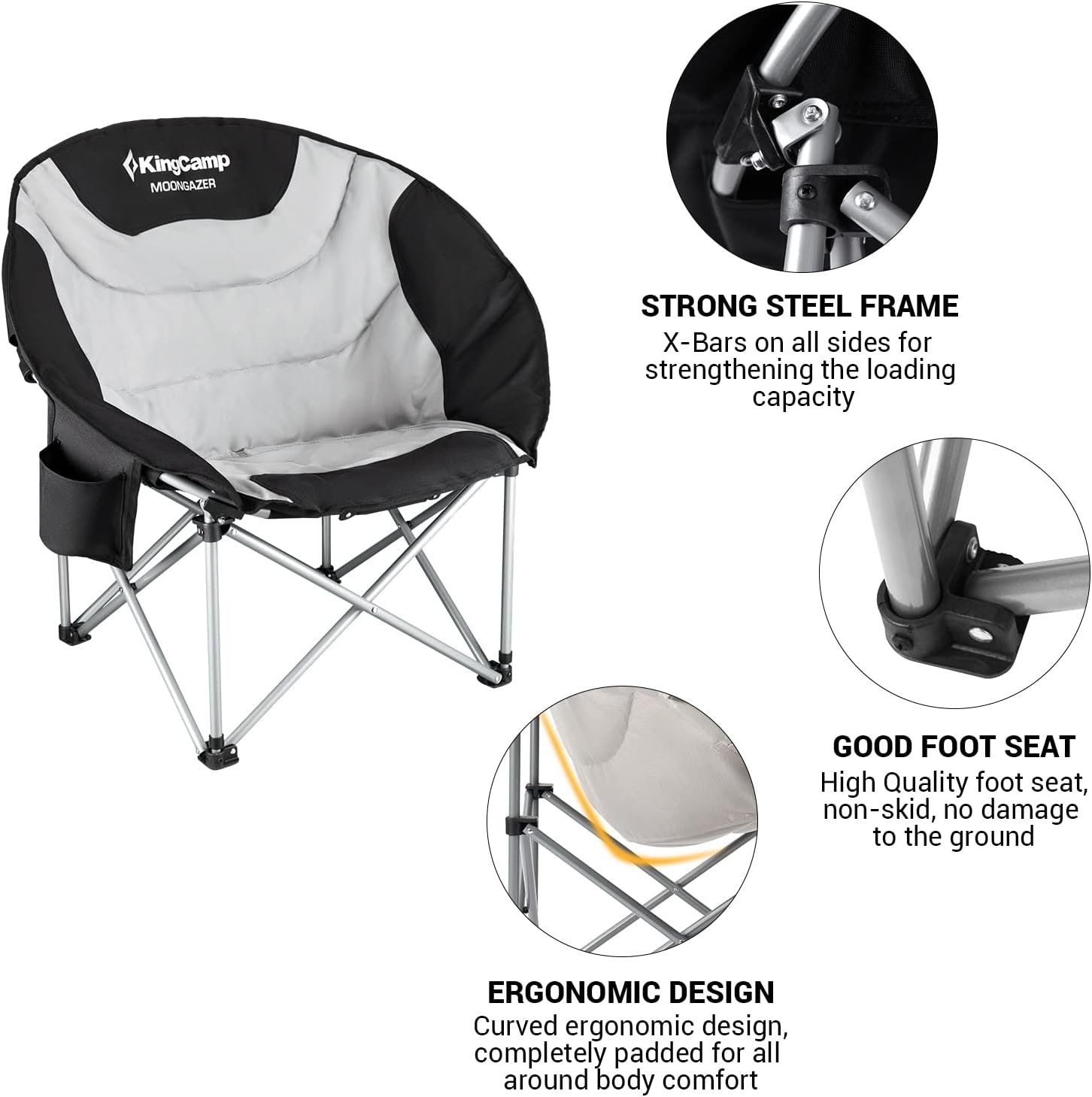 KingCamp Camping Chair Oversized Padded Moon Round Saucer Chairs Camping Folding Chair with Cup Holder (Black - 2 Pack)…