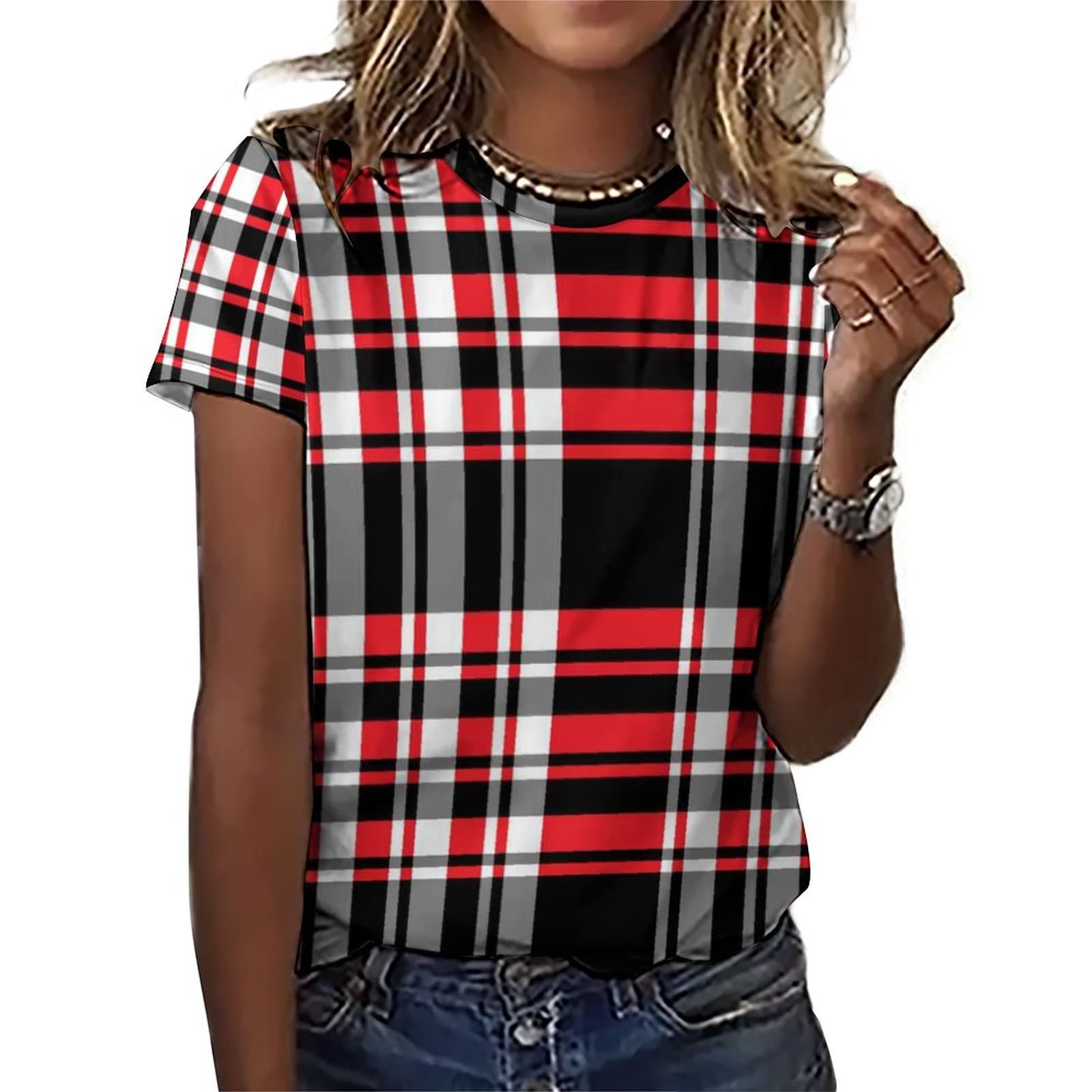 Amazon.co.jp: 黒と赤のチェック柄 レディース Tシャツ 半袖