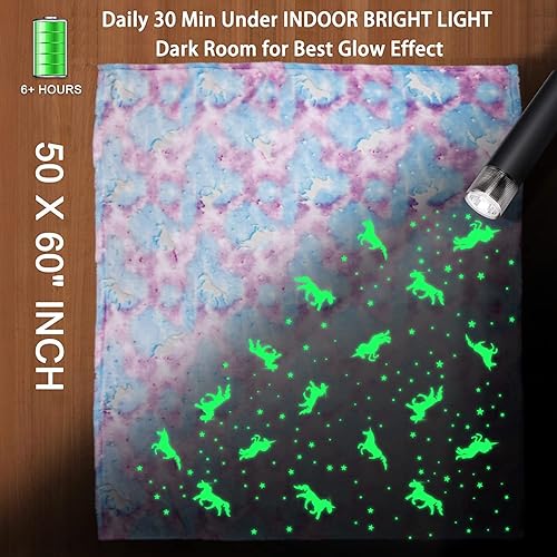 Miniatura 3 de Manta que brilla en la oscuridad personalizada de unicornio para niñas, 60 x 50 pulgadas, manta de unicornio azul, súper acogedora, manta de vellón