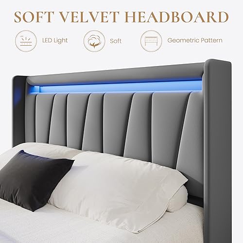 Miniatura 5 de SHA CERLIN Base de cama de tamaño matrimonial con estación de carga y luces LED, cama moderna de plataforma de terciopelo con cabecera tapizada
