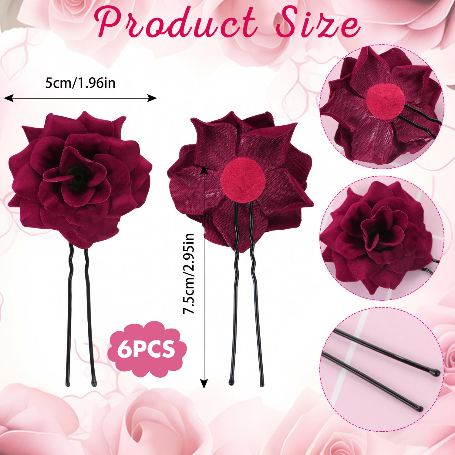 UHONEMY 6pcs Red Rose Flower Hair Clips U Shape Bridal Wedding Hair Pins Vintage Rose Hair Accessories Floral Head Hairpin for Women Girls Bridal Wedding Prom Party - Image 2