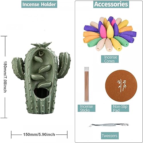 Miniatura 2 de YYW Quemador de incienso de cactus con forma de cascada de cerámica con 20 conos de incienso + 30 varillas de incienso + 1 alfombrilla + 1 pinza