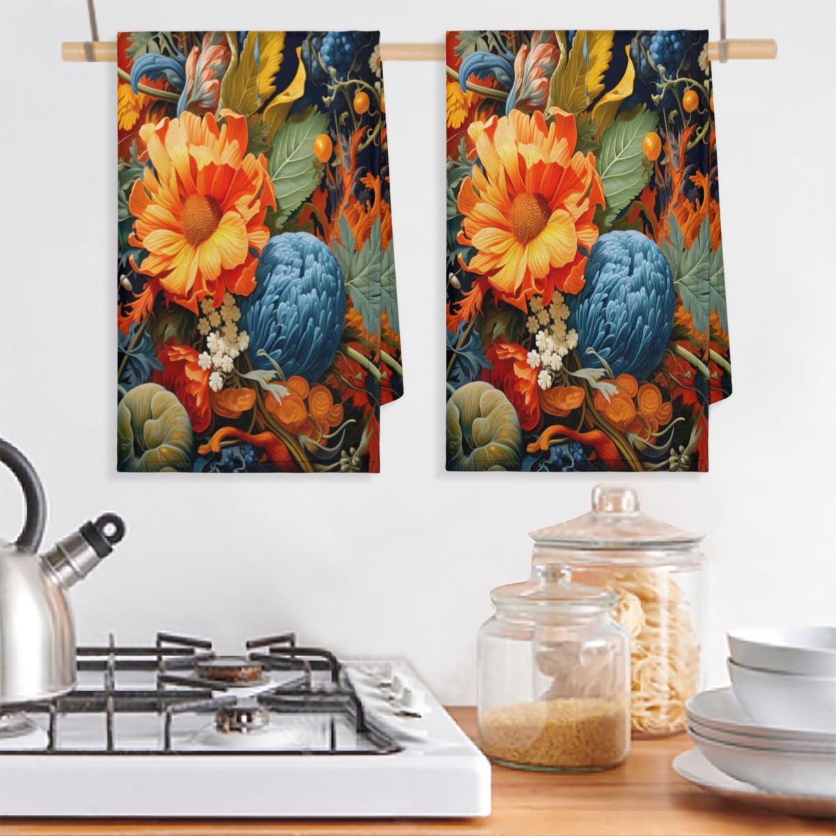Lot De 2 Torchons De Cuisine Colorés à Motif Floral - Doux Et Absorbant - Pour La Maison, La Cuisine, La Restauration, Le Restaurant - 45 X 72 Cm