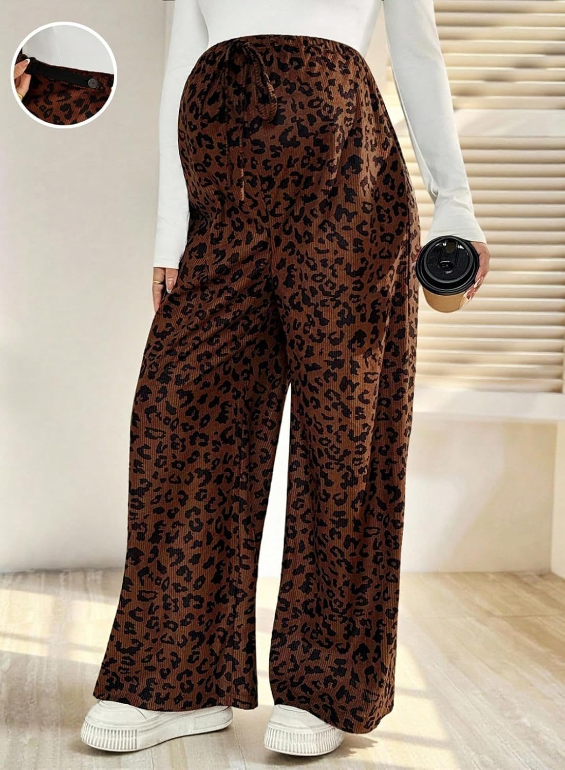 BLENCOT Maternity Pants Leopard Print Drawstring Elastic Waist Pregnancy Wide Leg Trousers with Pockets White
