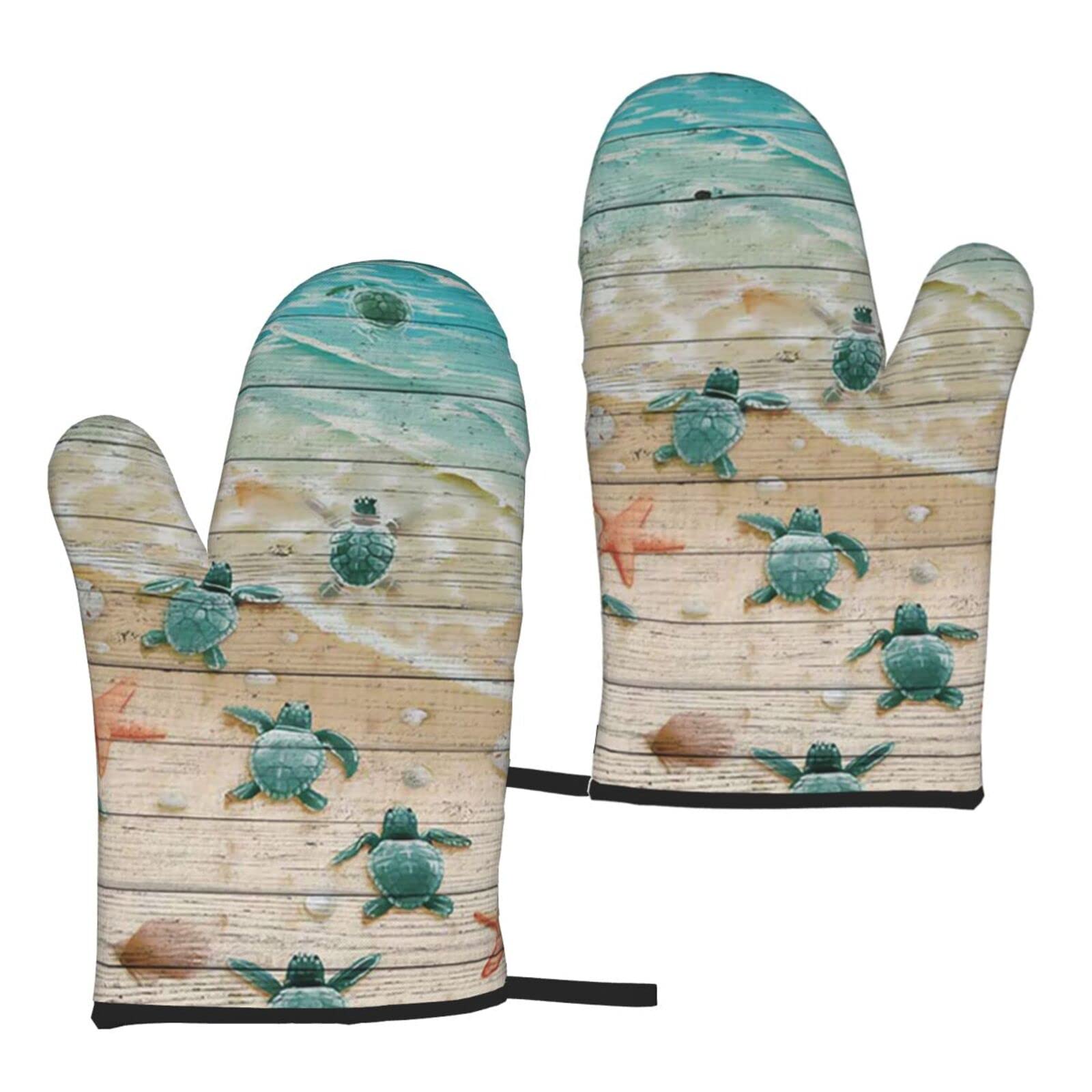 Wioske Sea Turtle Starfish Heat Resistant Oven Gloves Sets Of 2 - Printed Kitchen Non-Slip Microwave Oven Mitts 1 Pair For Baking Cooking Bbq