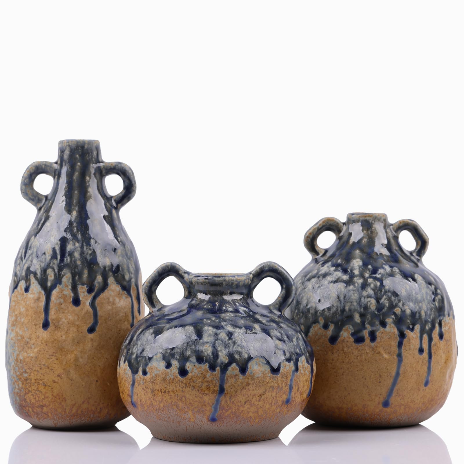Set of 3 Ceramic vases with 2 Handles Farmhouse Decorative vases, Vintage Style Home Decor vase Set, Decorative Pottery vases, Living Room, on Shelf, Dining Table Centerpiece Blue Brown
