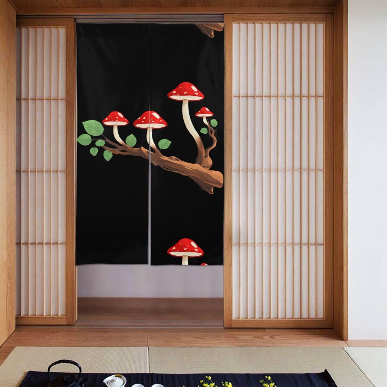 Cortina de puerta de setas rojas de 86x142 cm para partición de baño con dos paneles