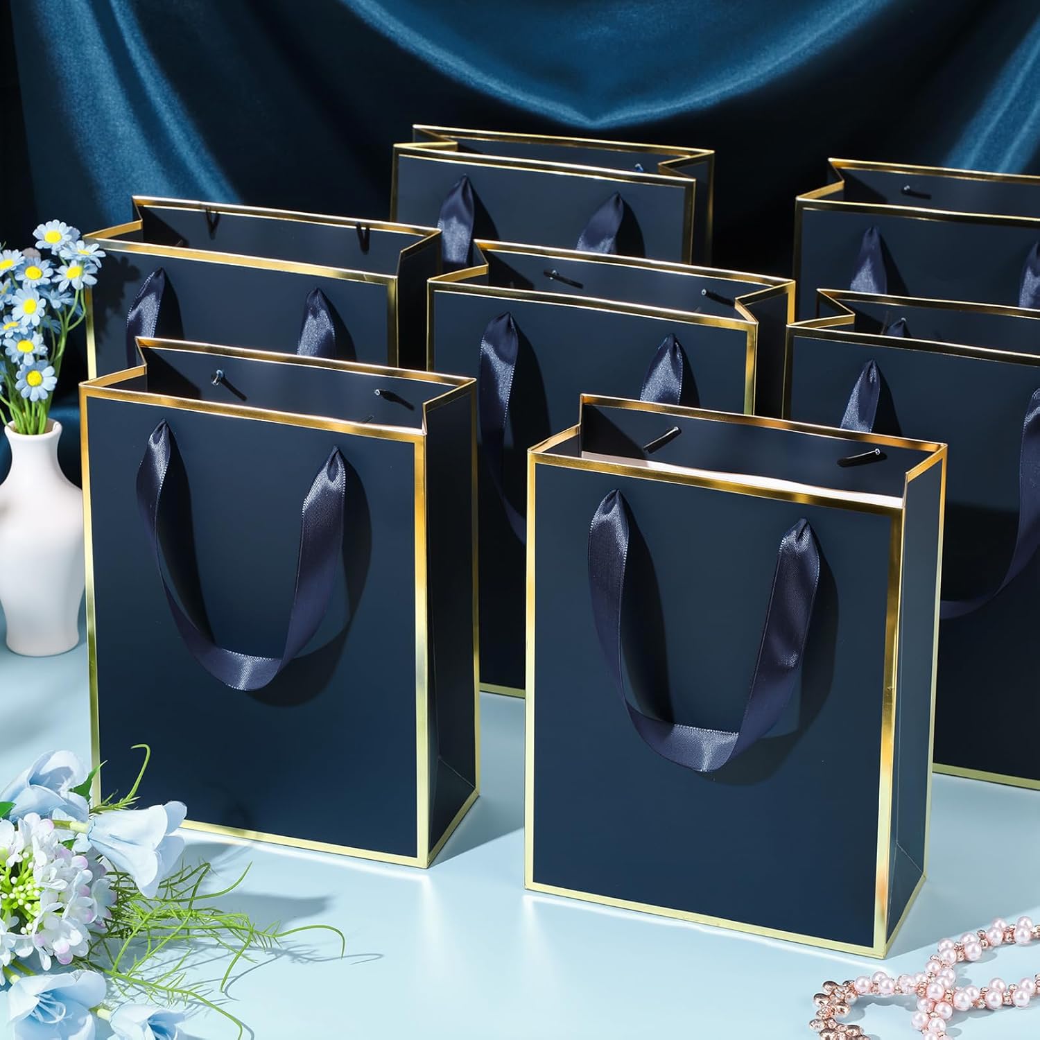 Yeaqee 100 Pack Metallic Gift Bags with Handle and Tissue Paper Gold Foil Thank You Bag for Graduation Wedding Groomsmen Bridal Baby Shower Gifts Holiday Party Favors 9x7x3.15'' (Navy Blue)